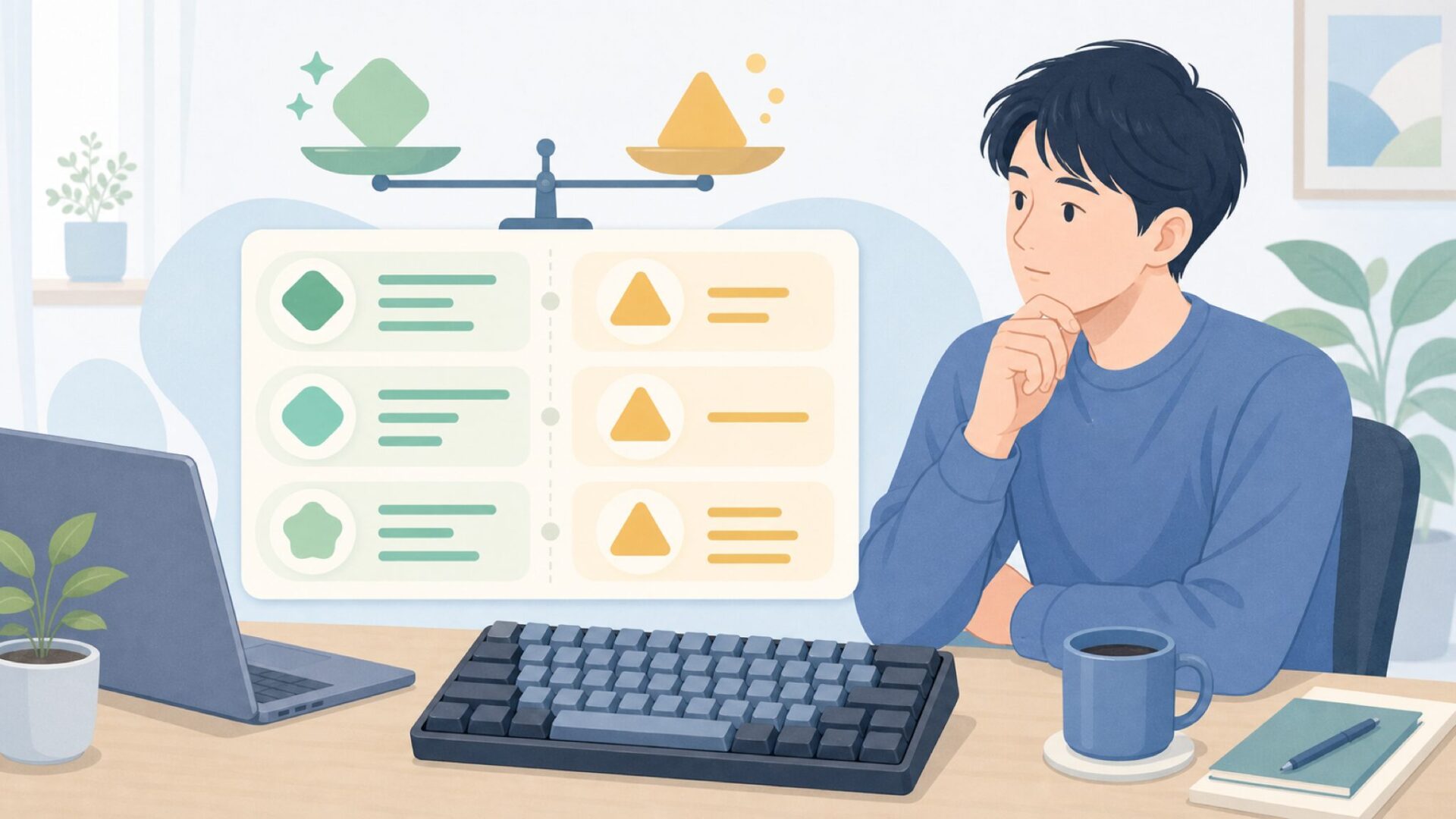 評判の良い点と注意点を見比べるイラスト