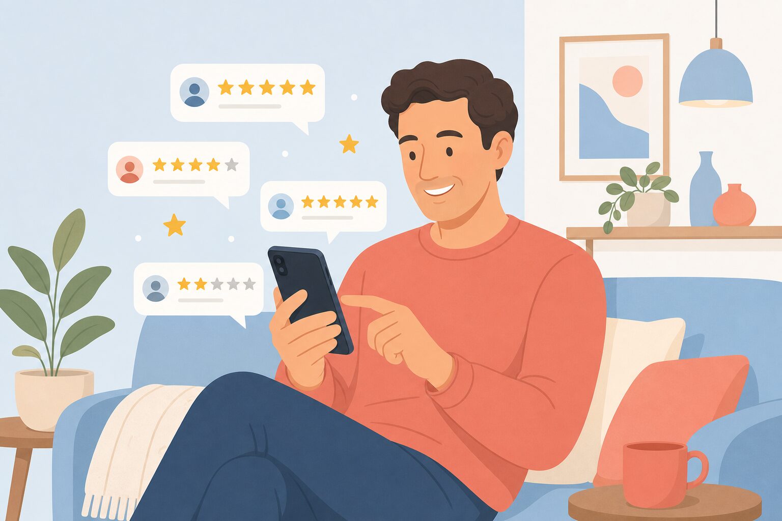 スマートフォンで口コミを確認している人のイラスト