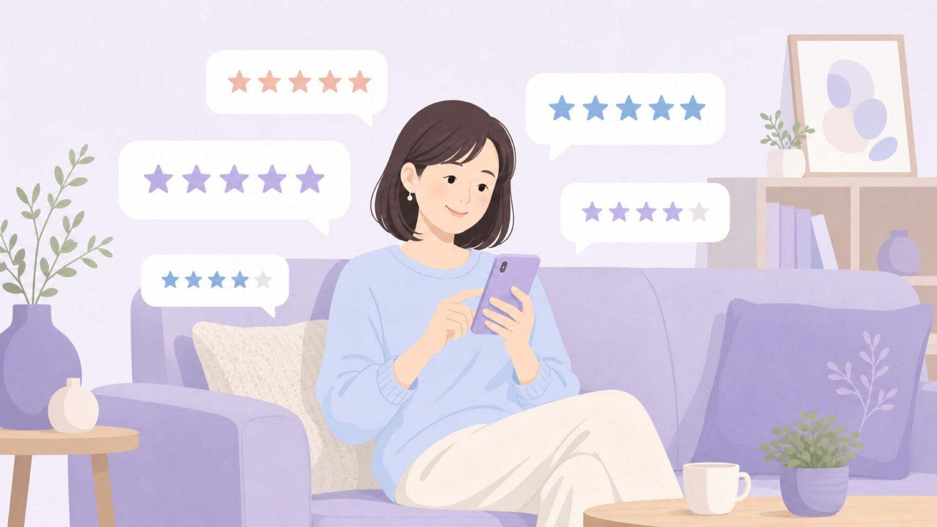 スマートフォンでレビューを確認する女性のフラットイラスト