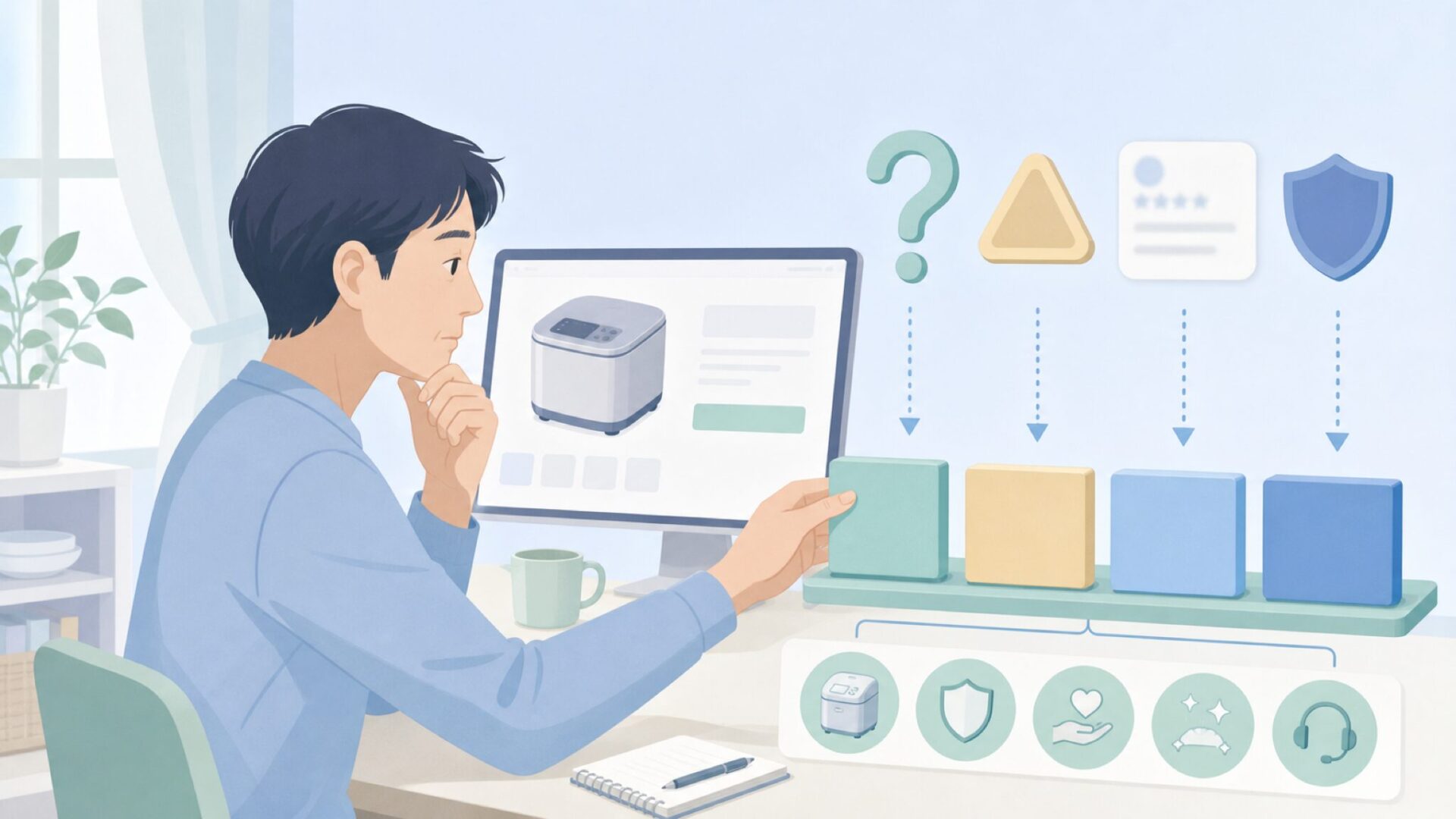 不安要素を整理して判断する購入者のイラスト