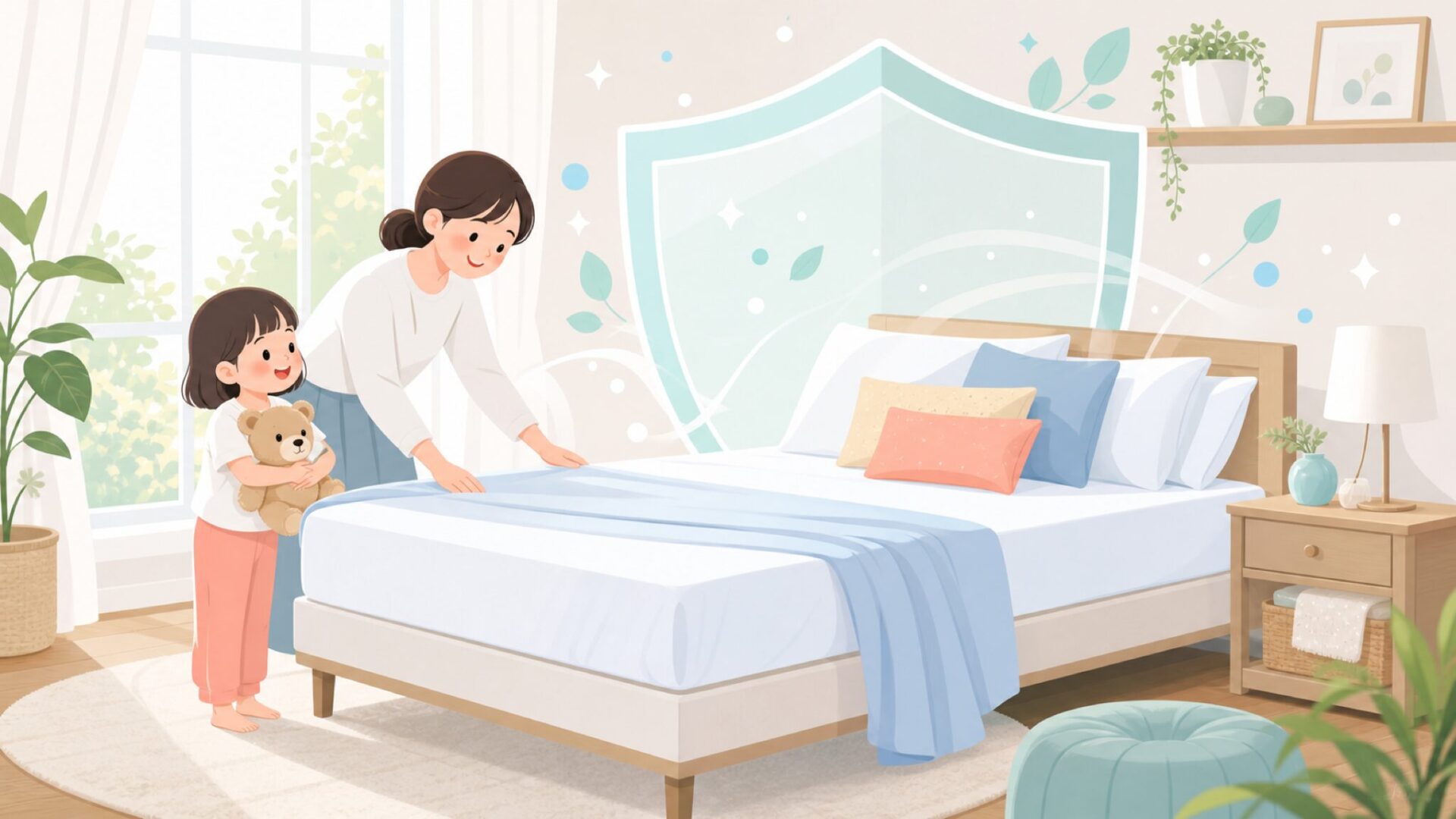 清潔な寝室で安全性を確認する親子