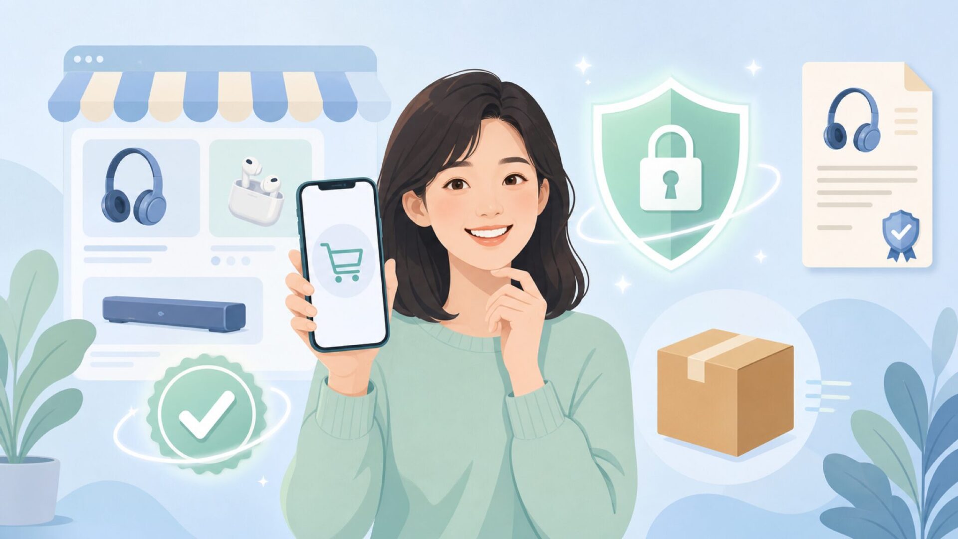 スマホで買い物をする女性と保護シールド・配送箱が浮かぶ安心購入のイメージ