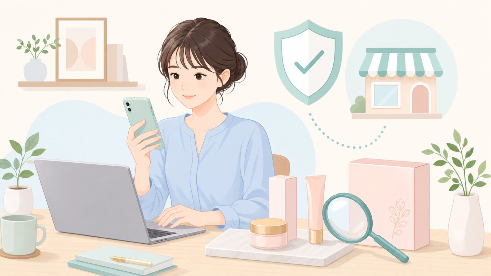 公式取扱先を確認する女性のイラスト