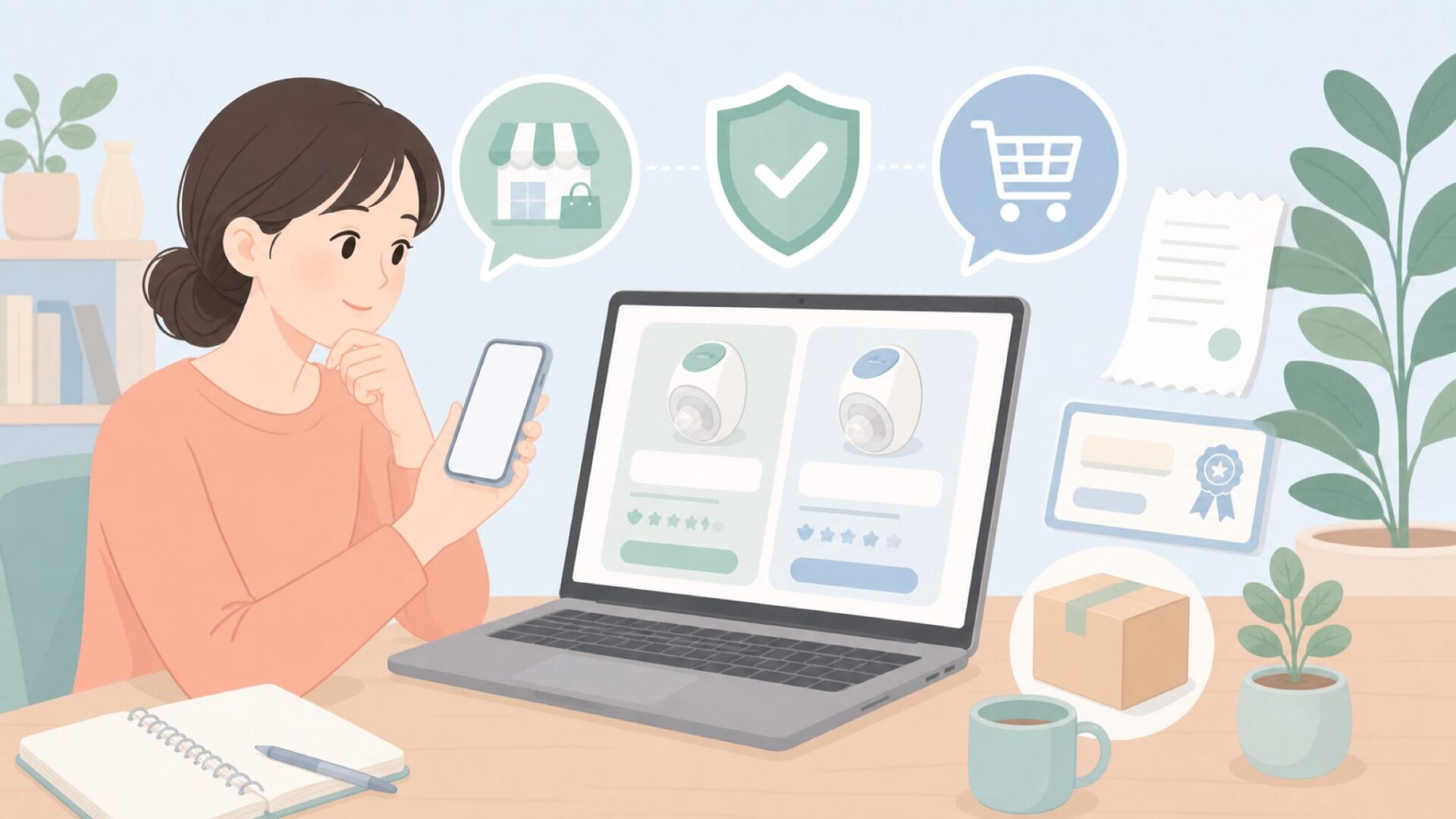 安心できる購入先を比較する母親のイラスト