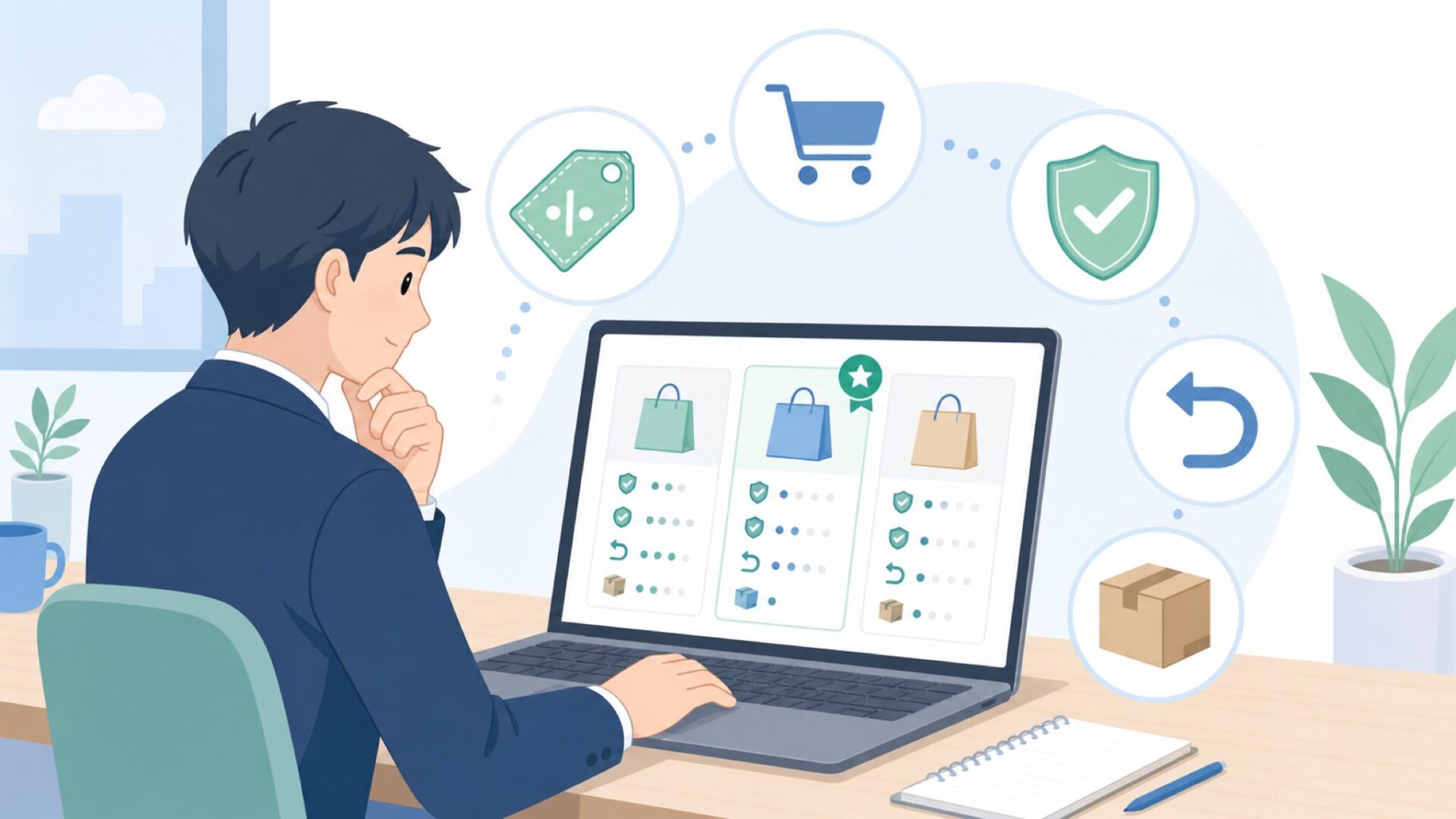安全な購入先を比較する人物