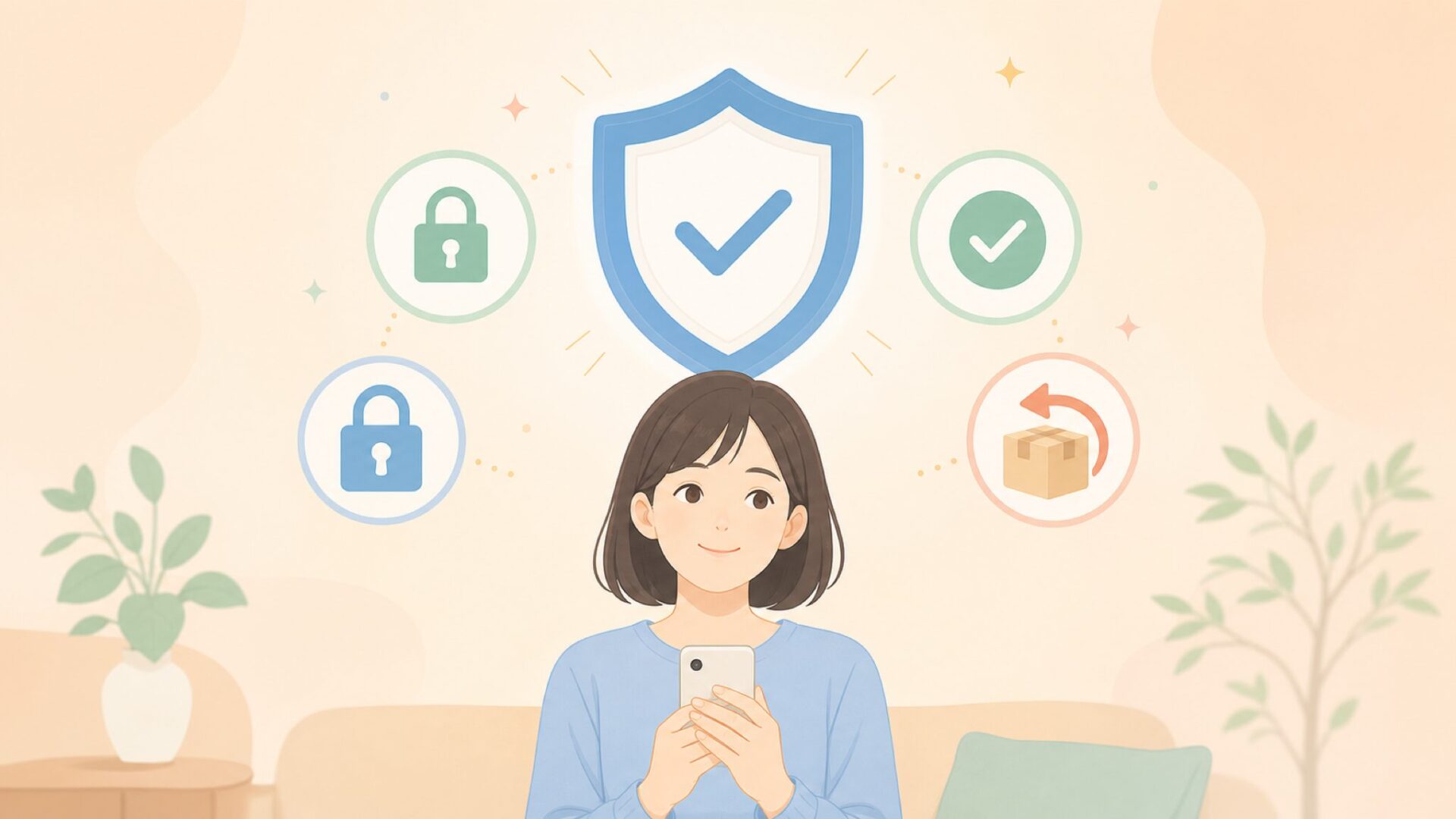 シールドアイコンと購入者保護プログラムを表す安全性のイラスト