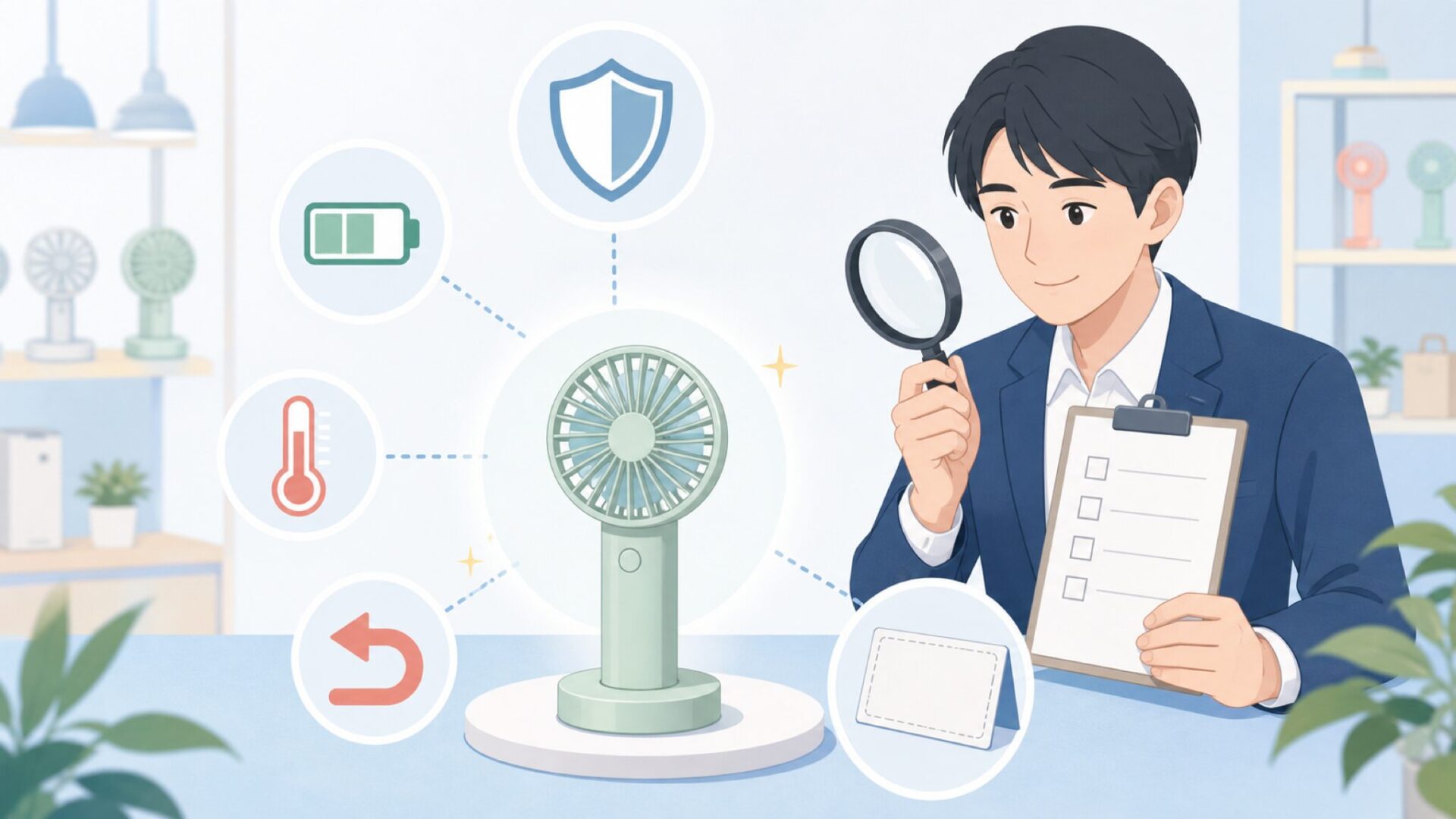 品質と安全と保証を購入前に確認する様子