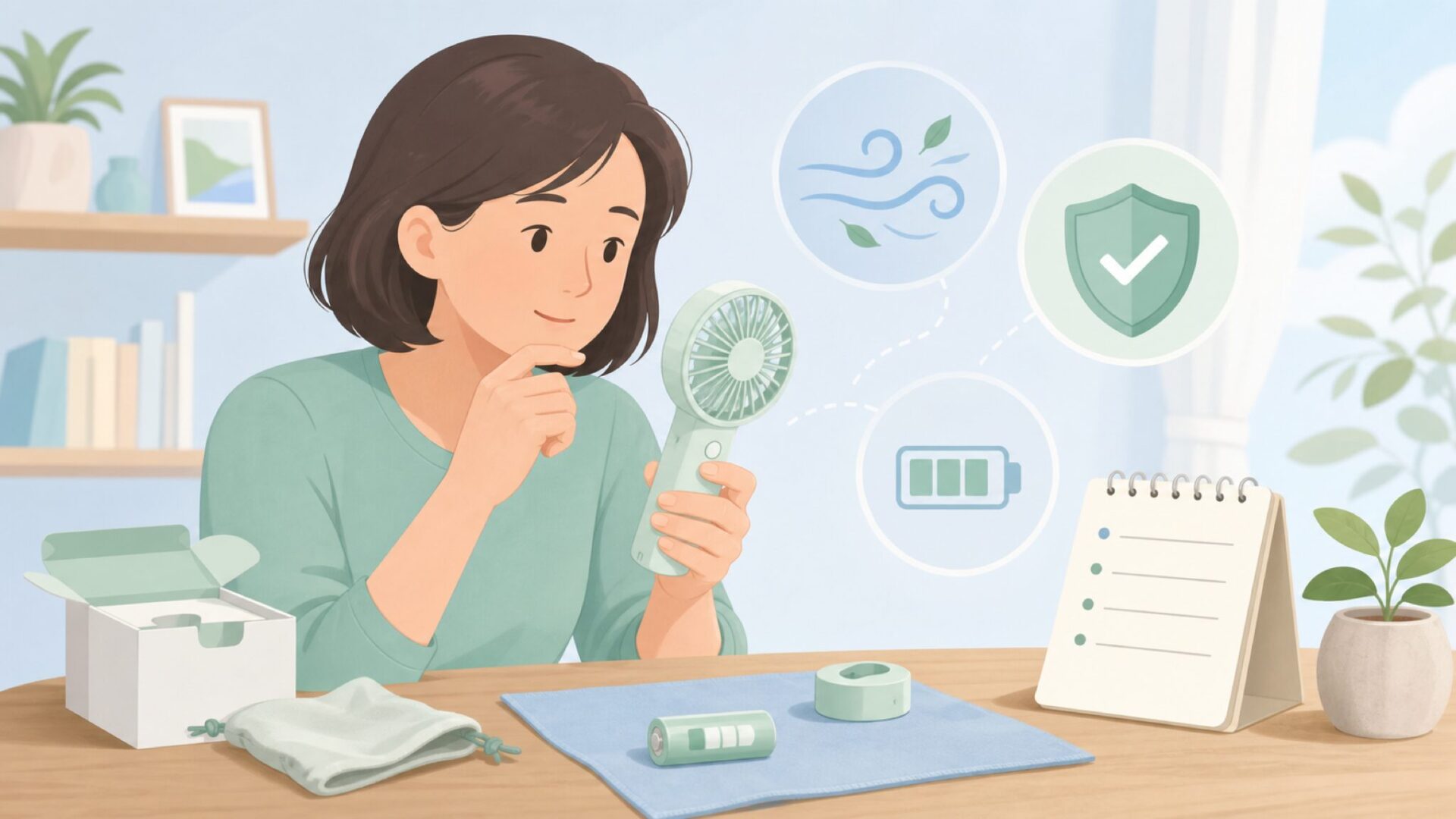 携帯扇風機の安全性を確認する親