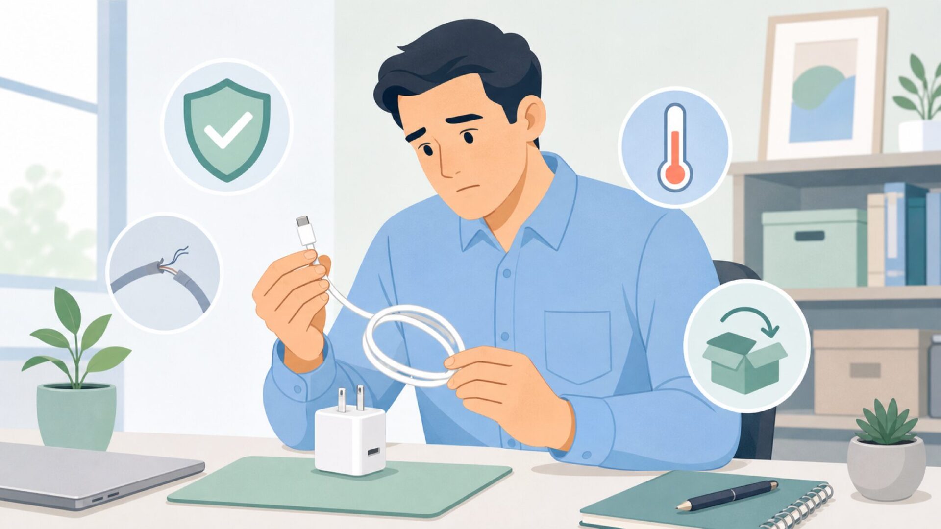 充電器とケーブルの安全性を確認する人物
