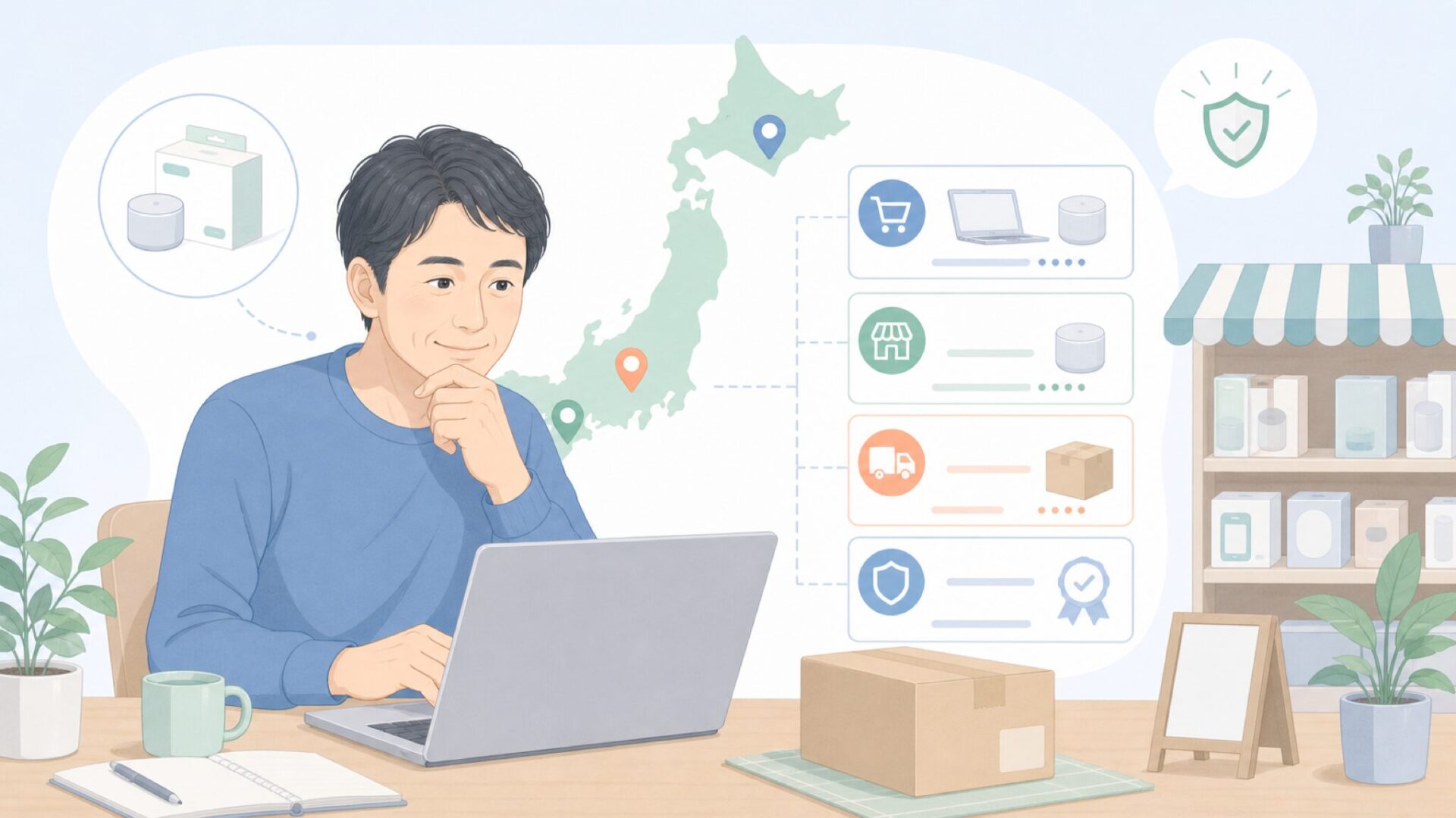 EC購入チャネルを比較する人物のイラスト