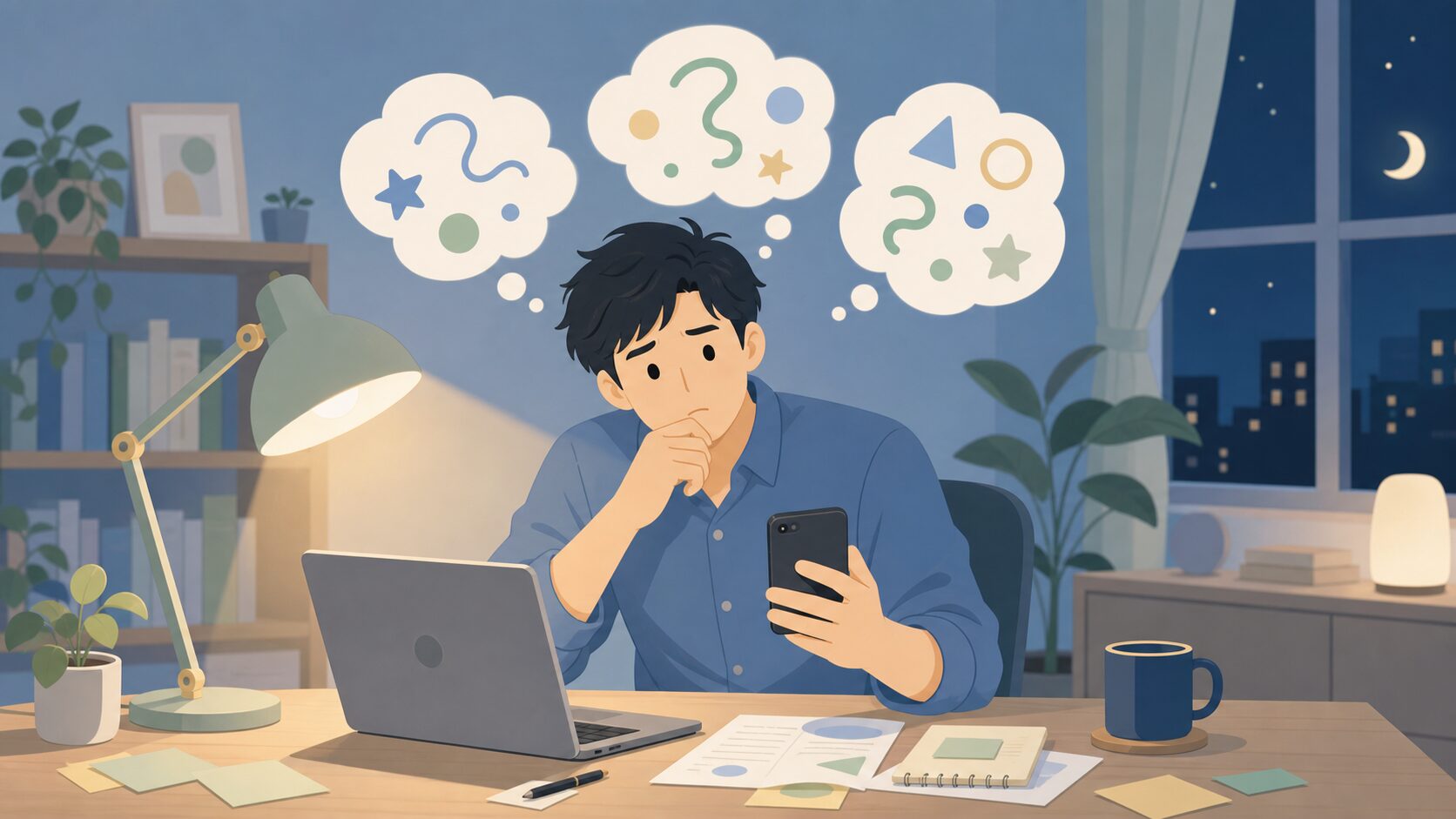スマホとPCで検索しながら考え込む30代男性のフラットイラスト