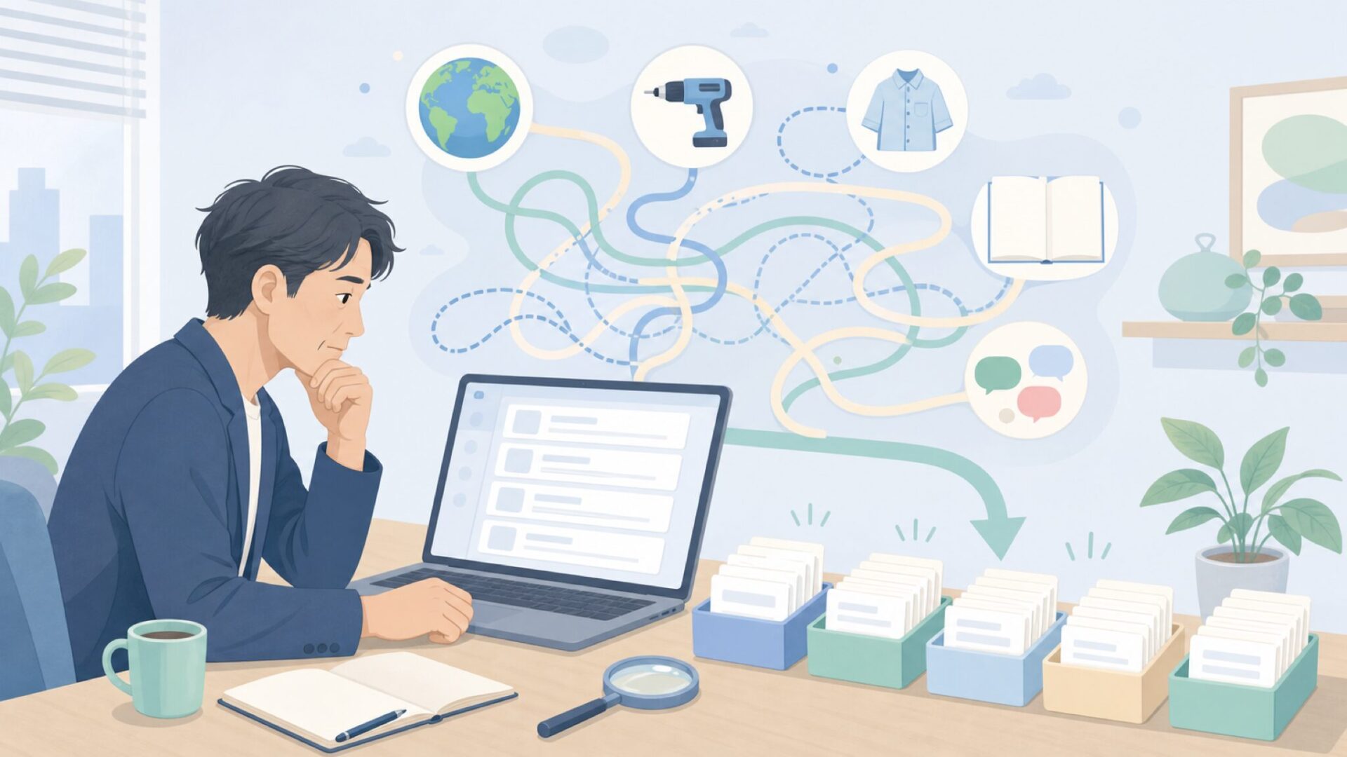 検索結果が分散して迷う様子のイラスト