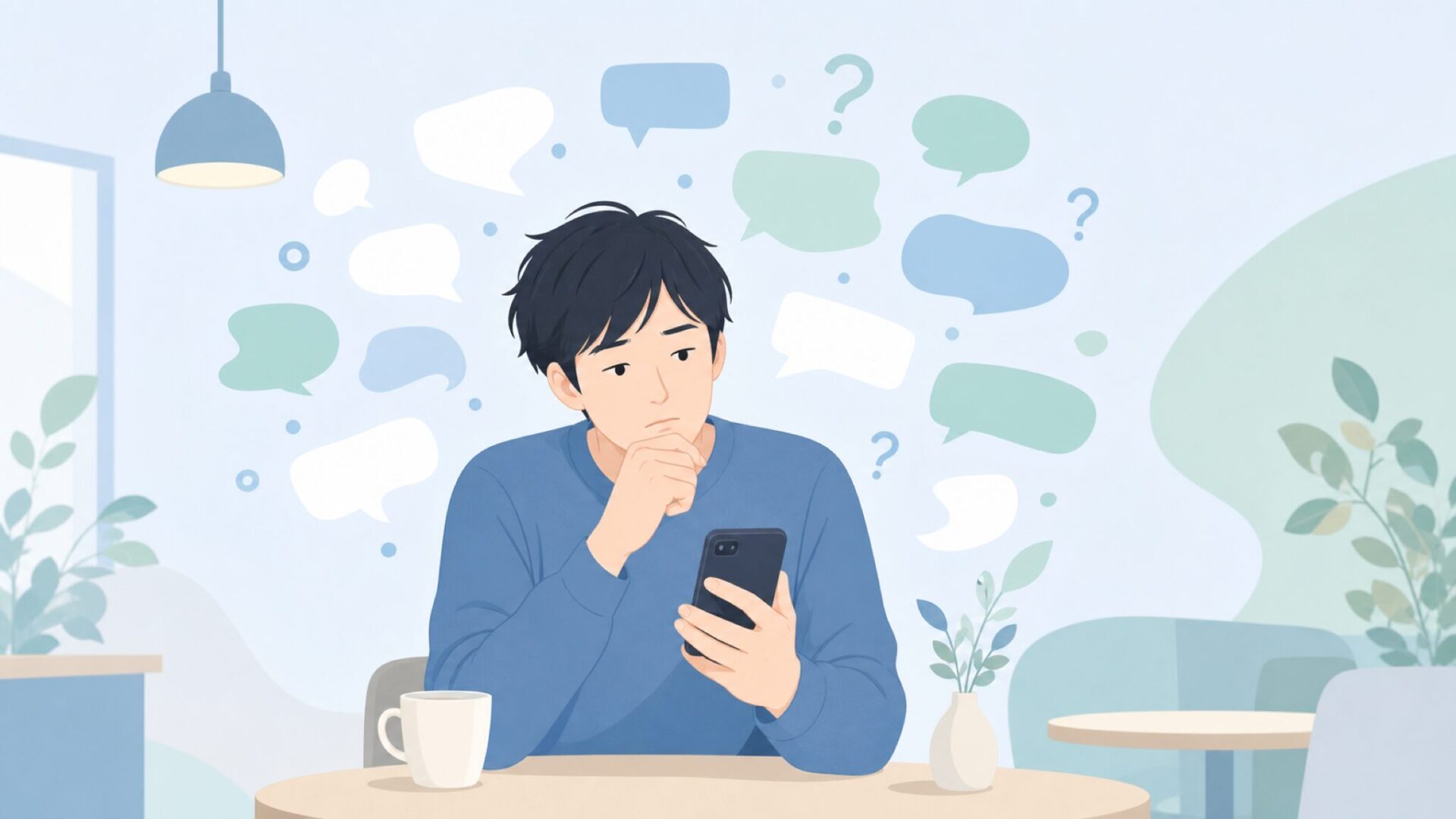 検索ノイズと断片的な情報を整理する男性のイラスト