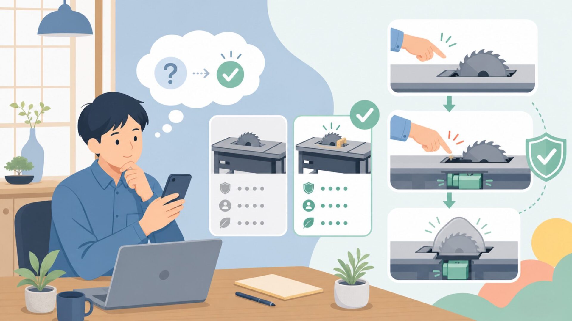指が触れると止まる — SawStop安全システムの仕組みを表すイラスト