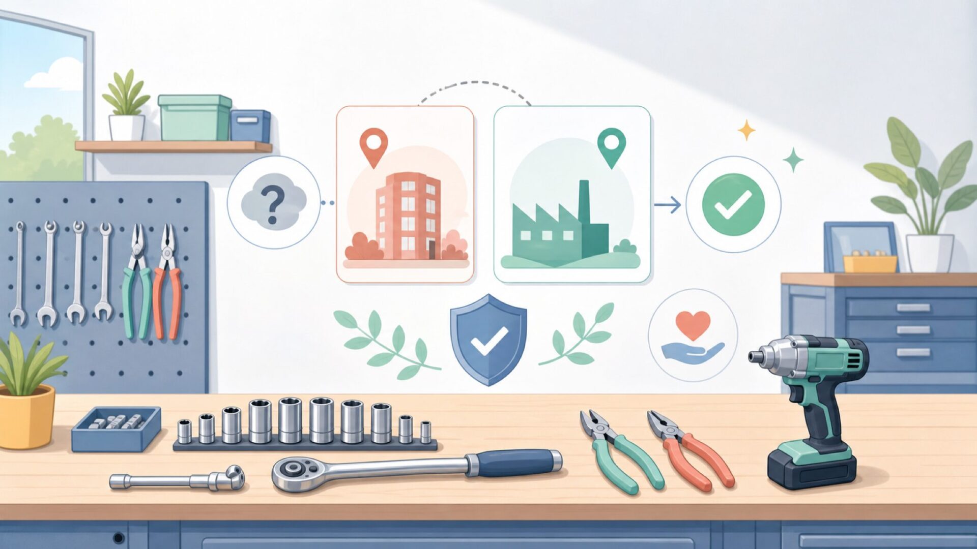 本社の国と製造国は別物——Sunexの工具はどこで作られる?を表すイラスト