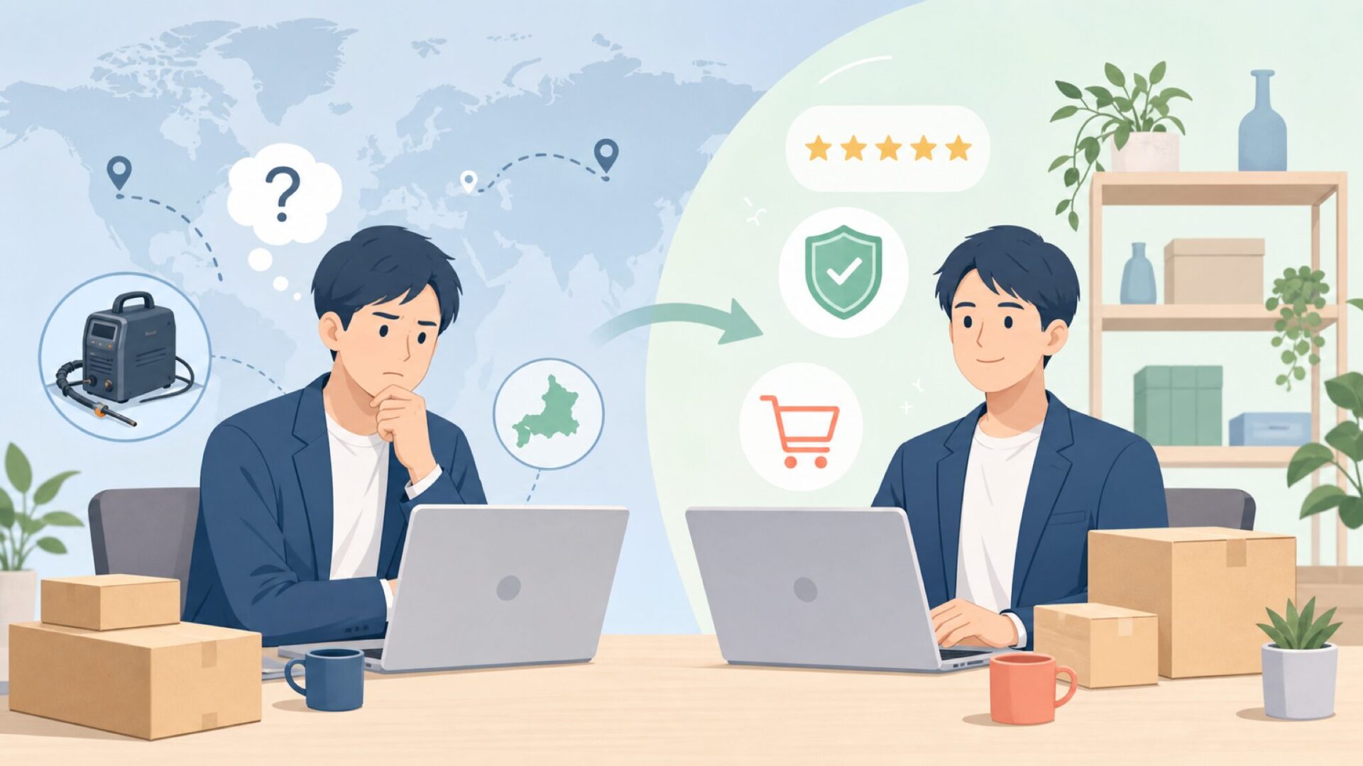 創業からの歩みと本社の所在地を表すイラスト