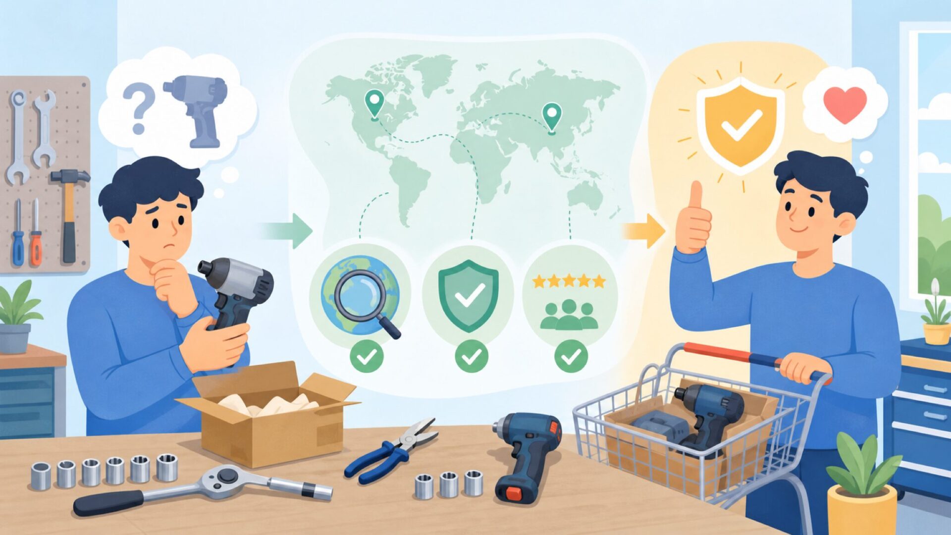 自分でブランドの国を見抜く確認手順を表すイラスト