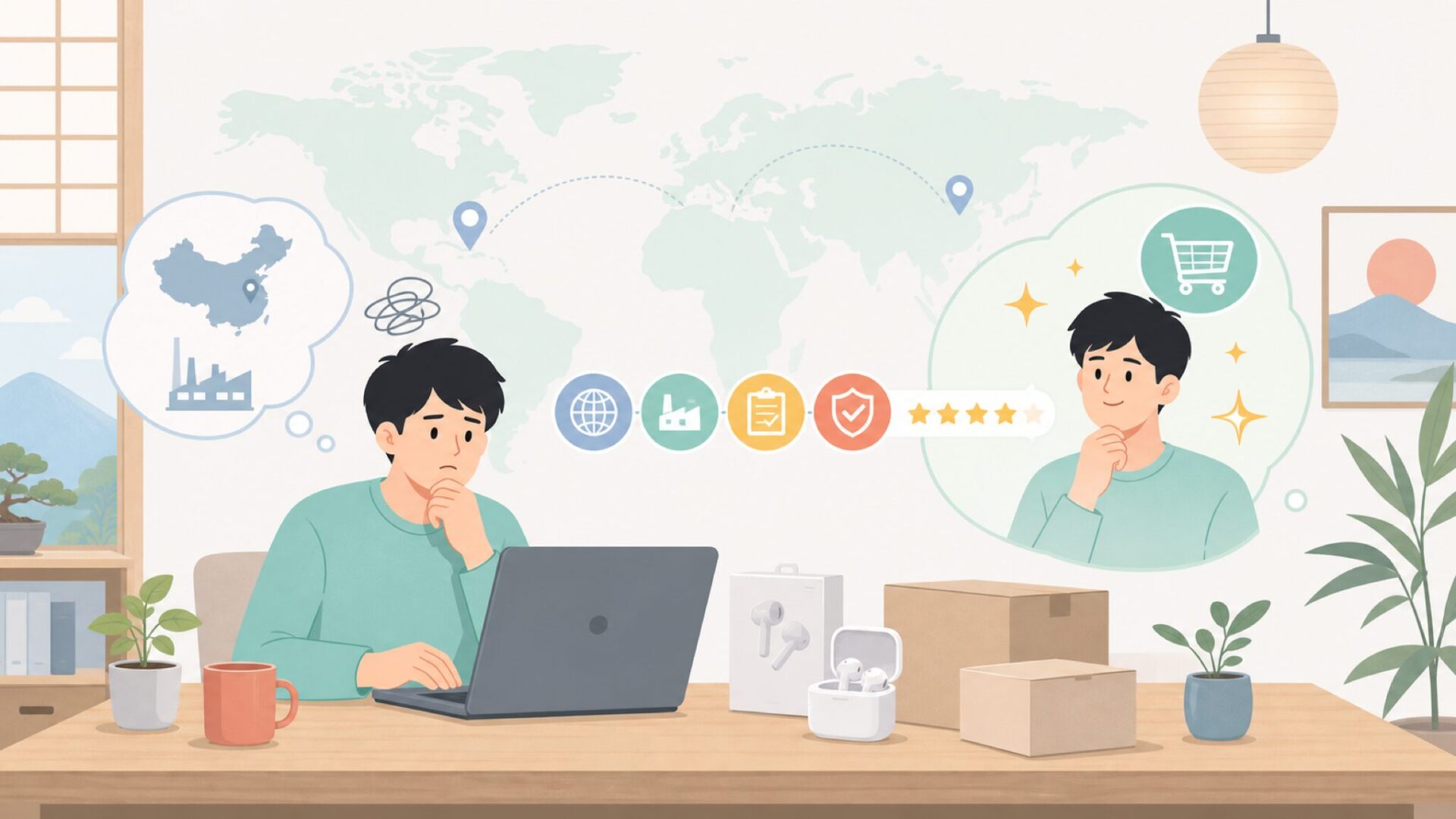 無名ブランドを買う前に確認したい5つのチェック項目を表すイラスト