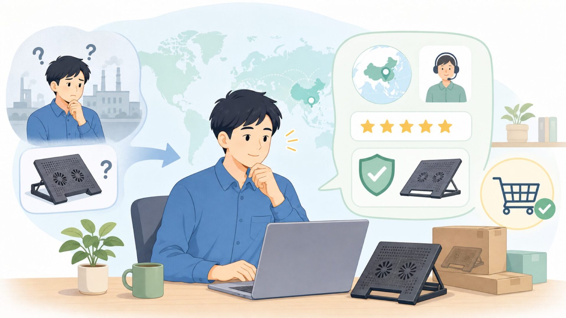 購入後のサポートと保証——中国メーカーで困った時はどうするかを表すイラスト