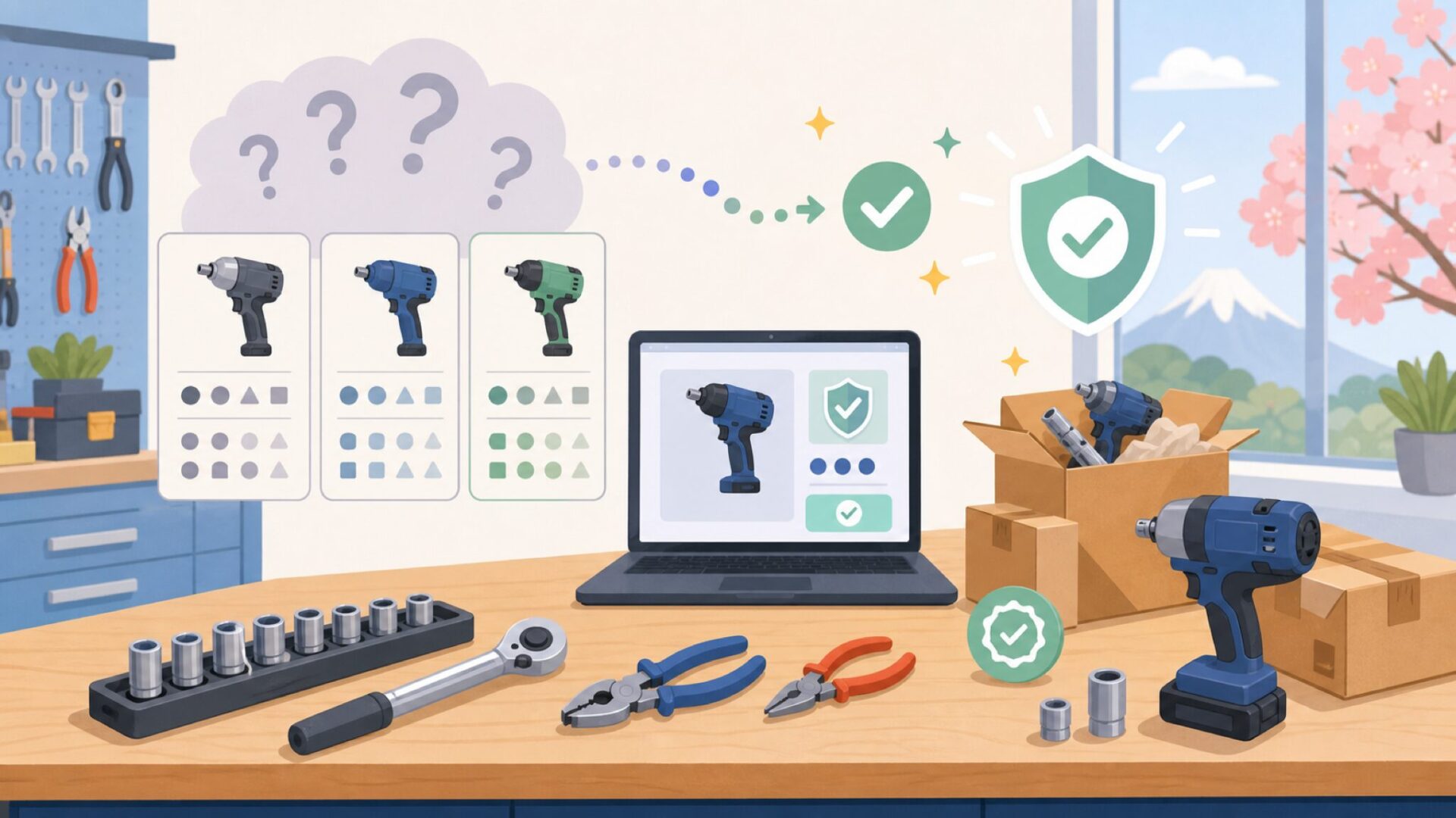 日本からBusy Bee Toolsの工具を買う方法と代替ブランドを表すイラスト