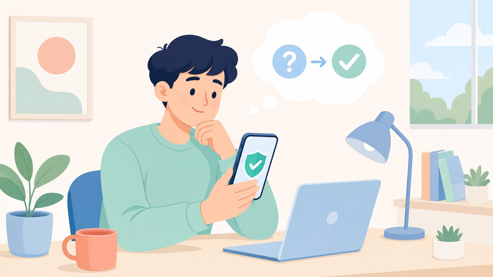 スマートフォンのセキュリティアイコンを見て安心する人のイラスト