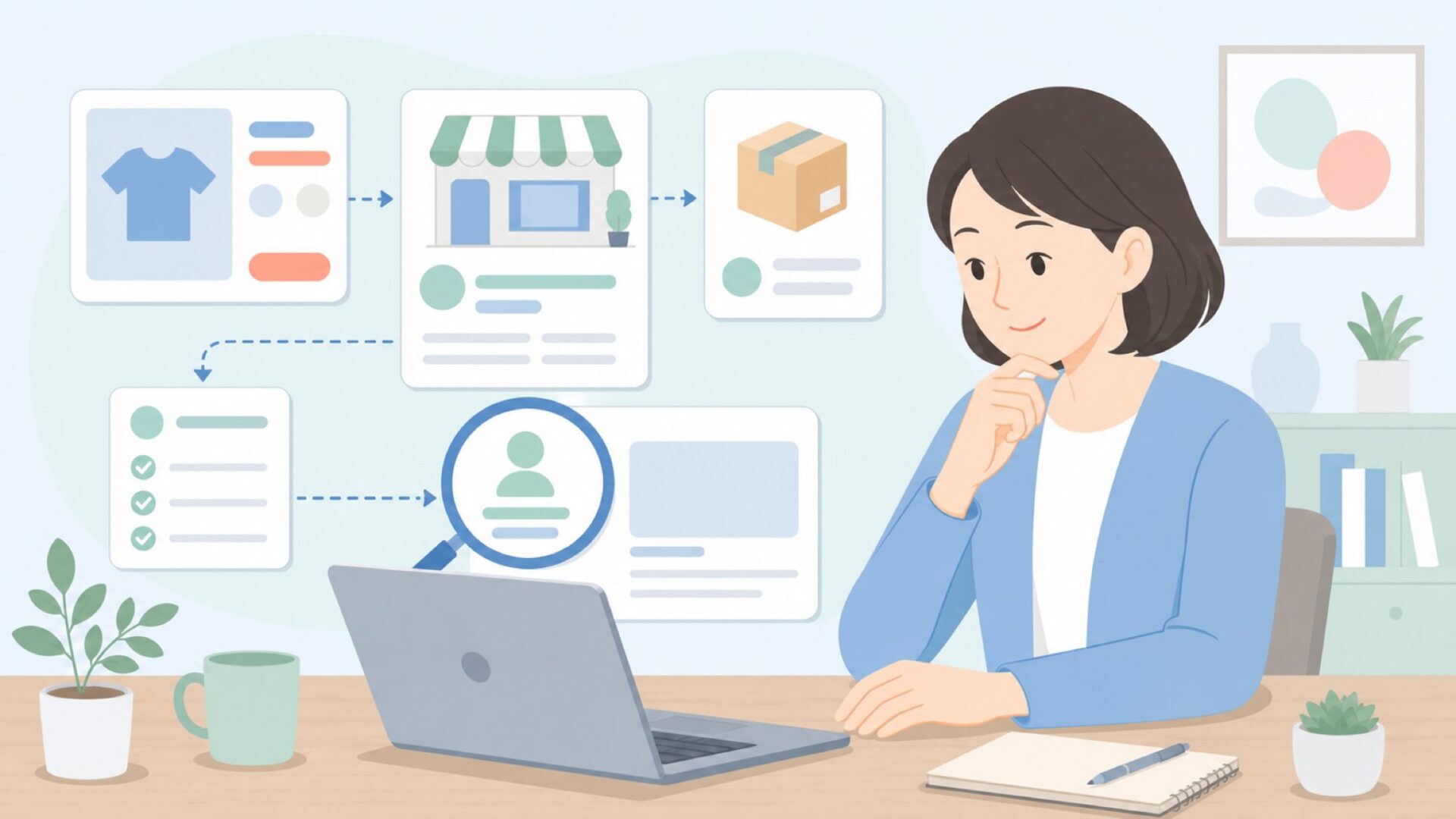 販売元情報を確認する女性のイラスト