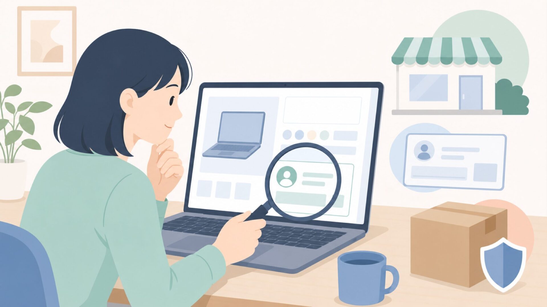 通販ページの販売元を確認するイラスト