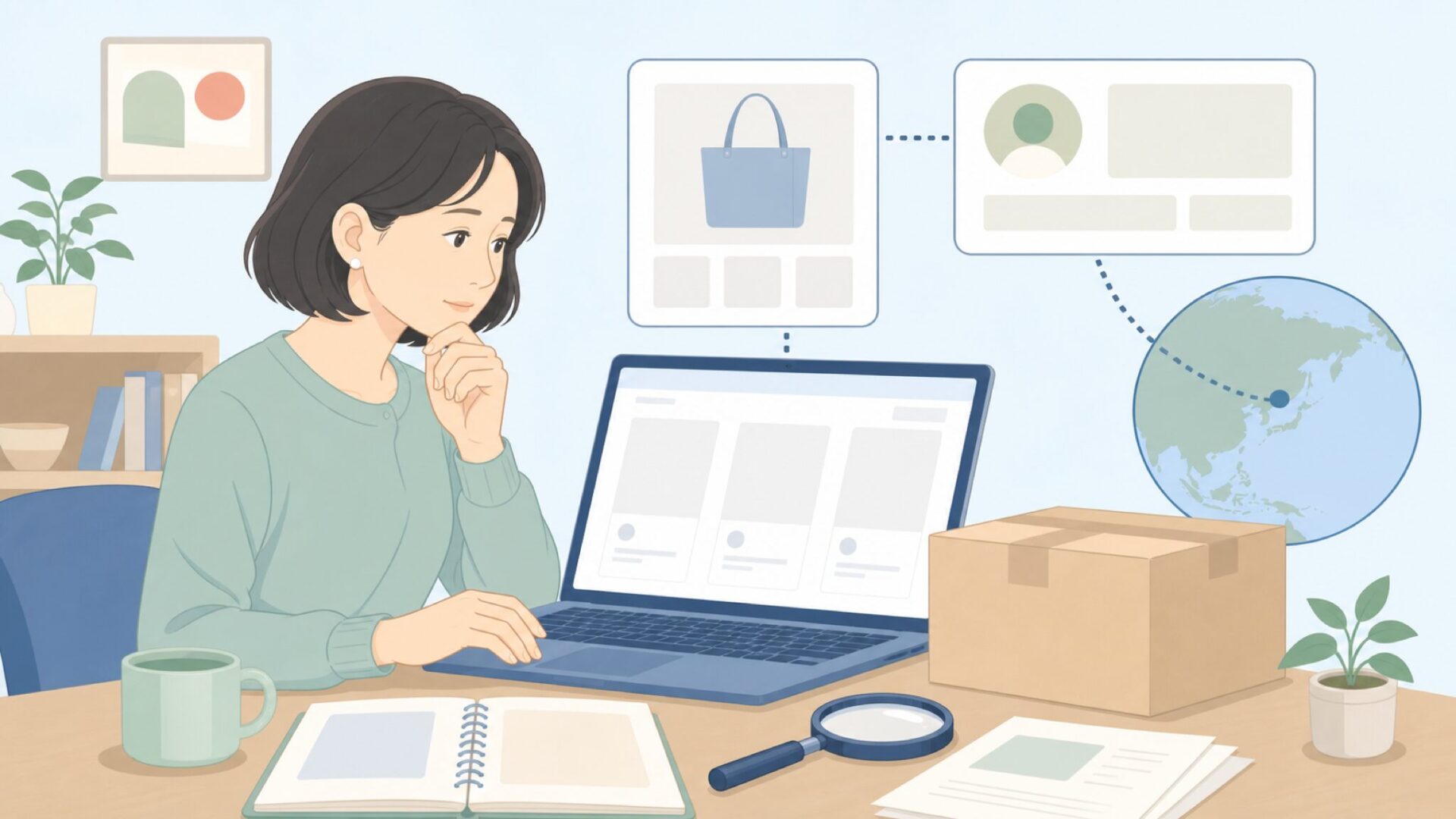 販売元とブランドの出所を調べる人のイラスト