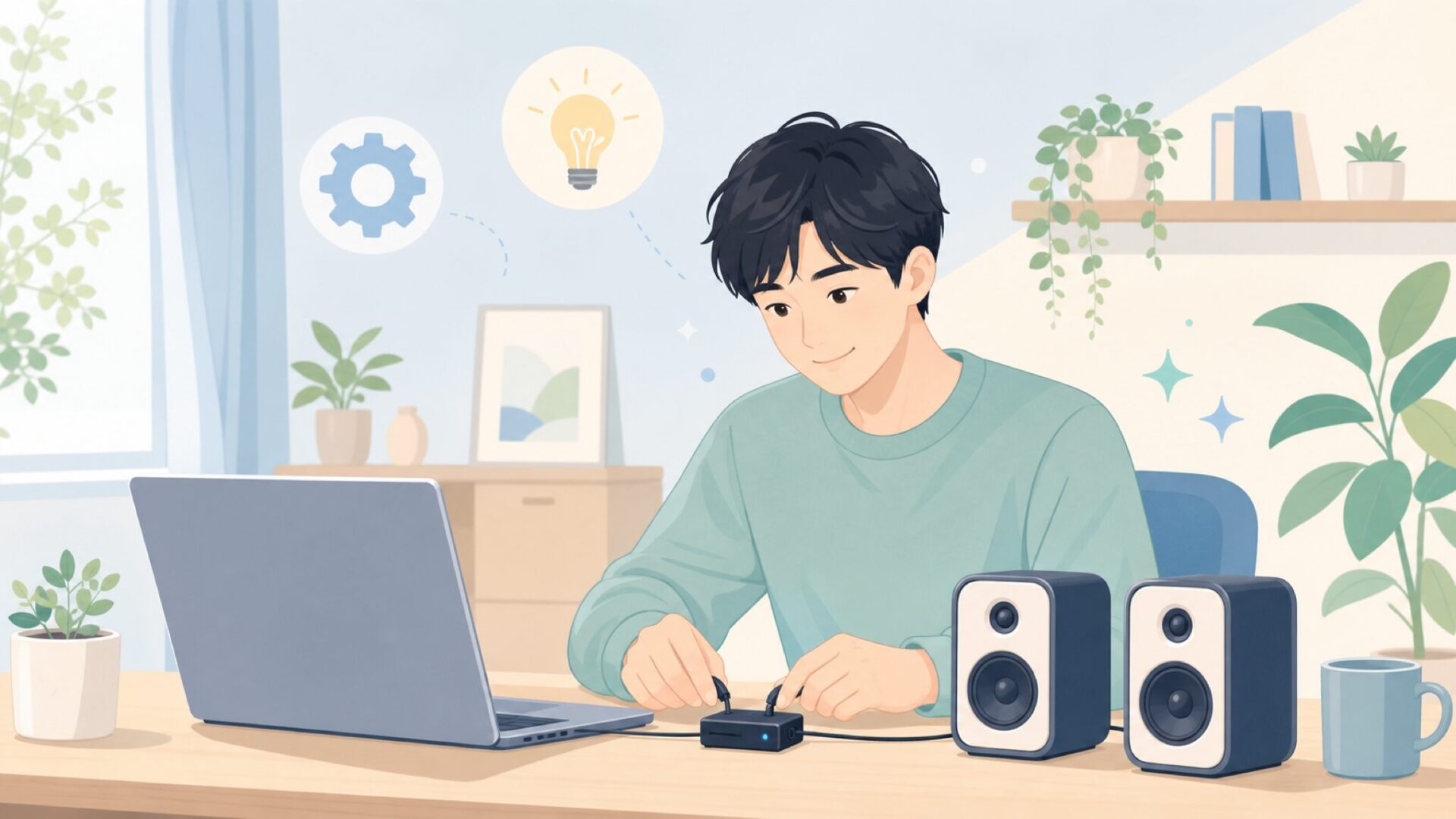 購入後にセットアップをする男性のイラスト