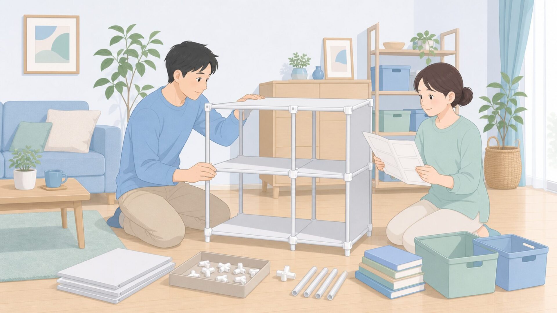 収納棚を組み立てて確認する夫婦