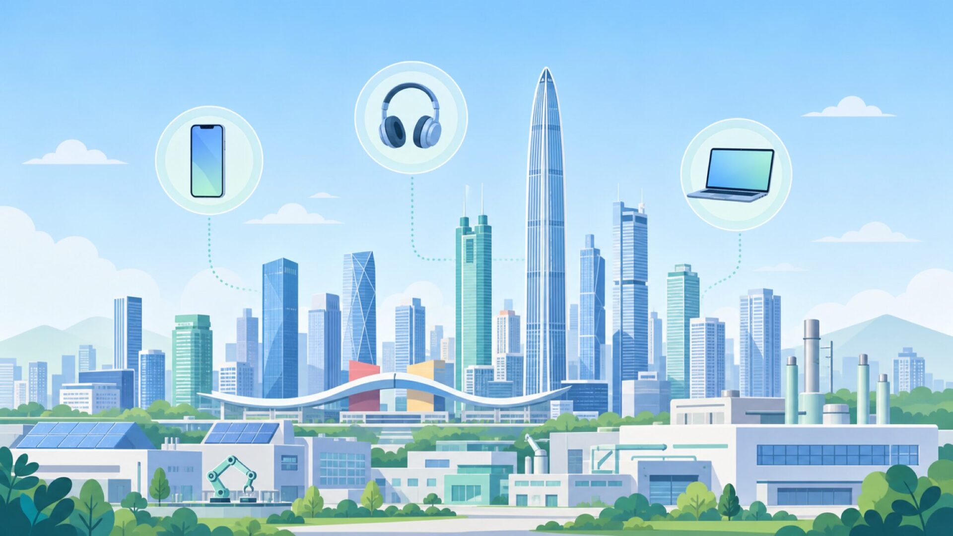 深センの都市とハイテク製造のイメージイラスト