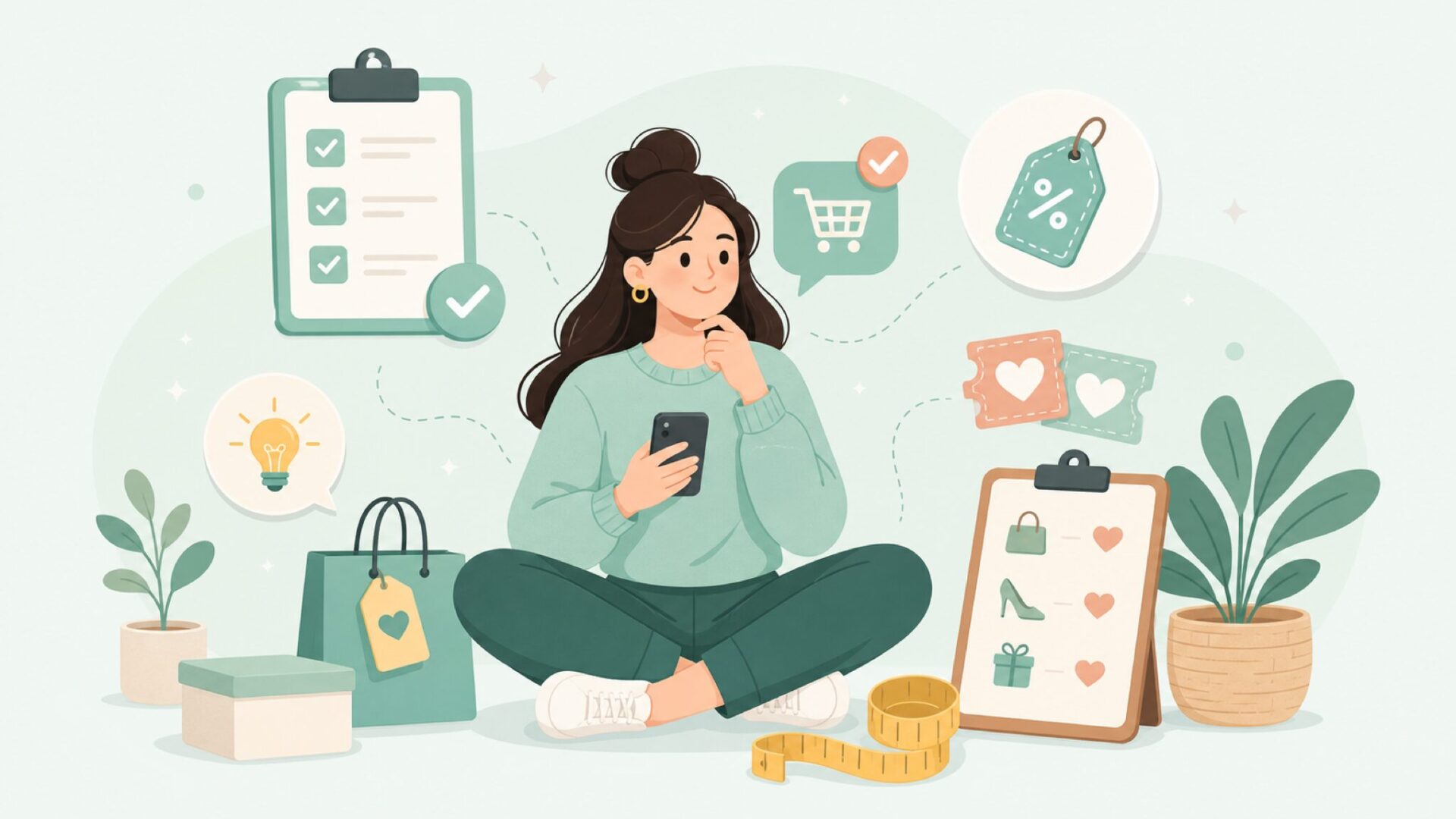 買い物のコツを整理する女性のイラスト