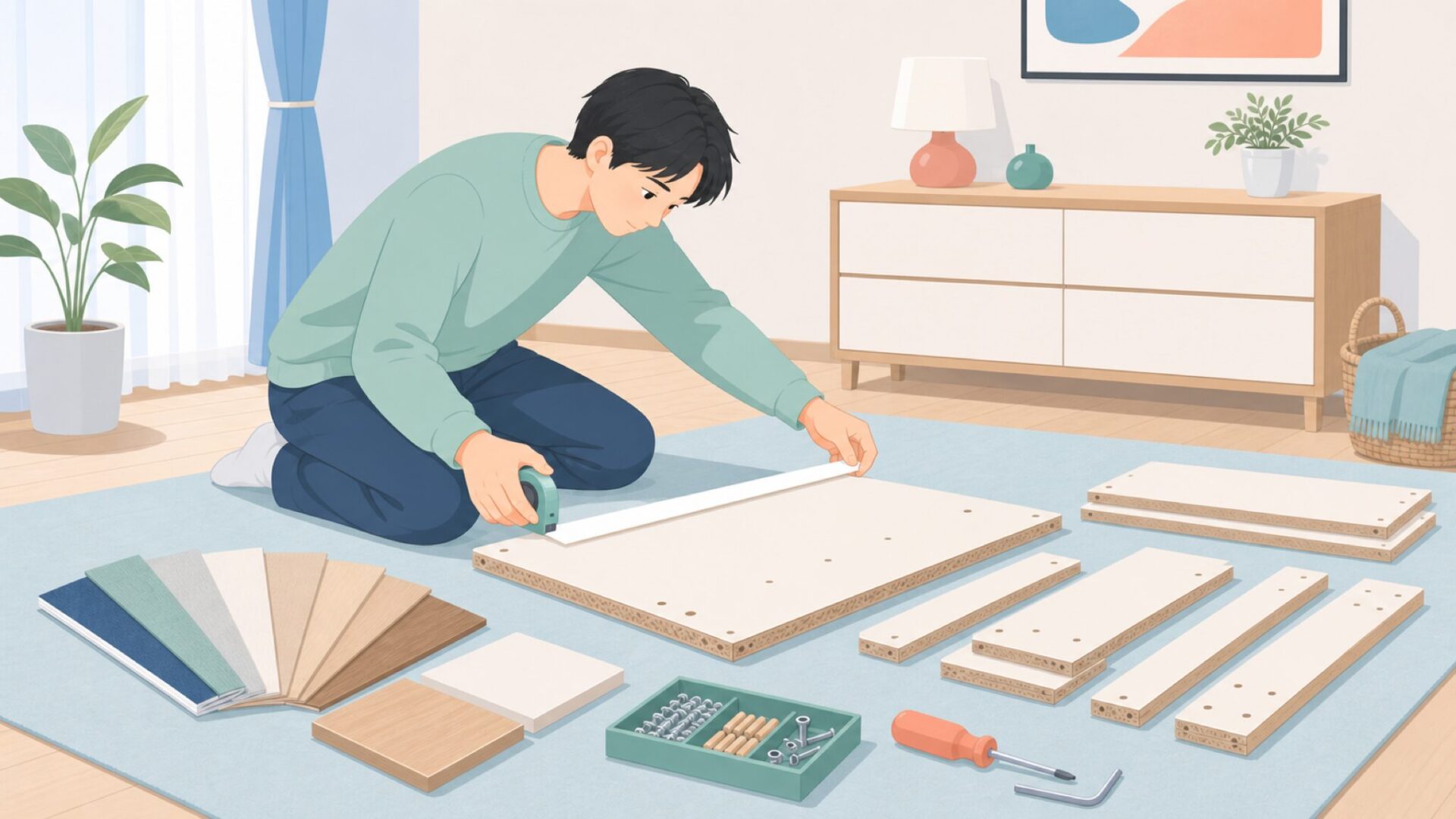 家具のサイズや素材を確認する様子