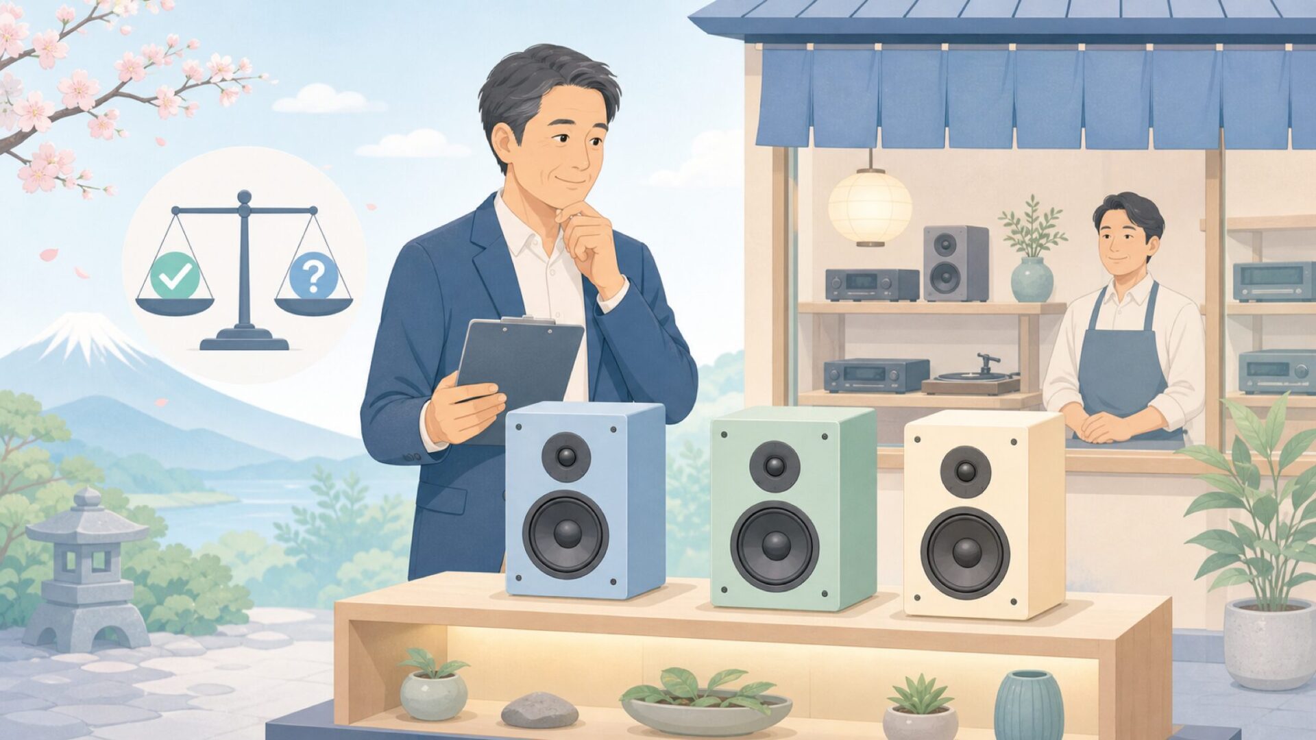 日本のオーディオ専門店で賢く選び分ける買い手のイラスト