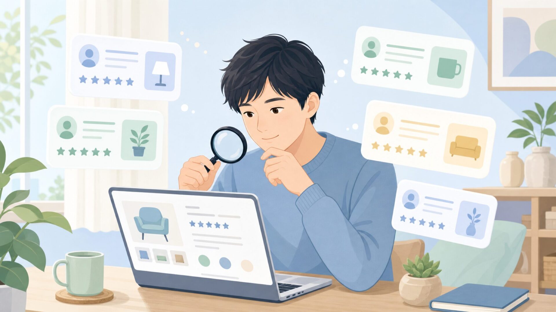 レビュー画面を確認する男性のイラスト
