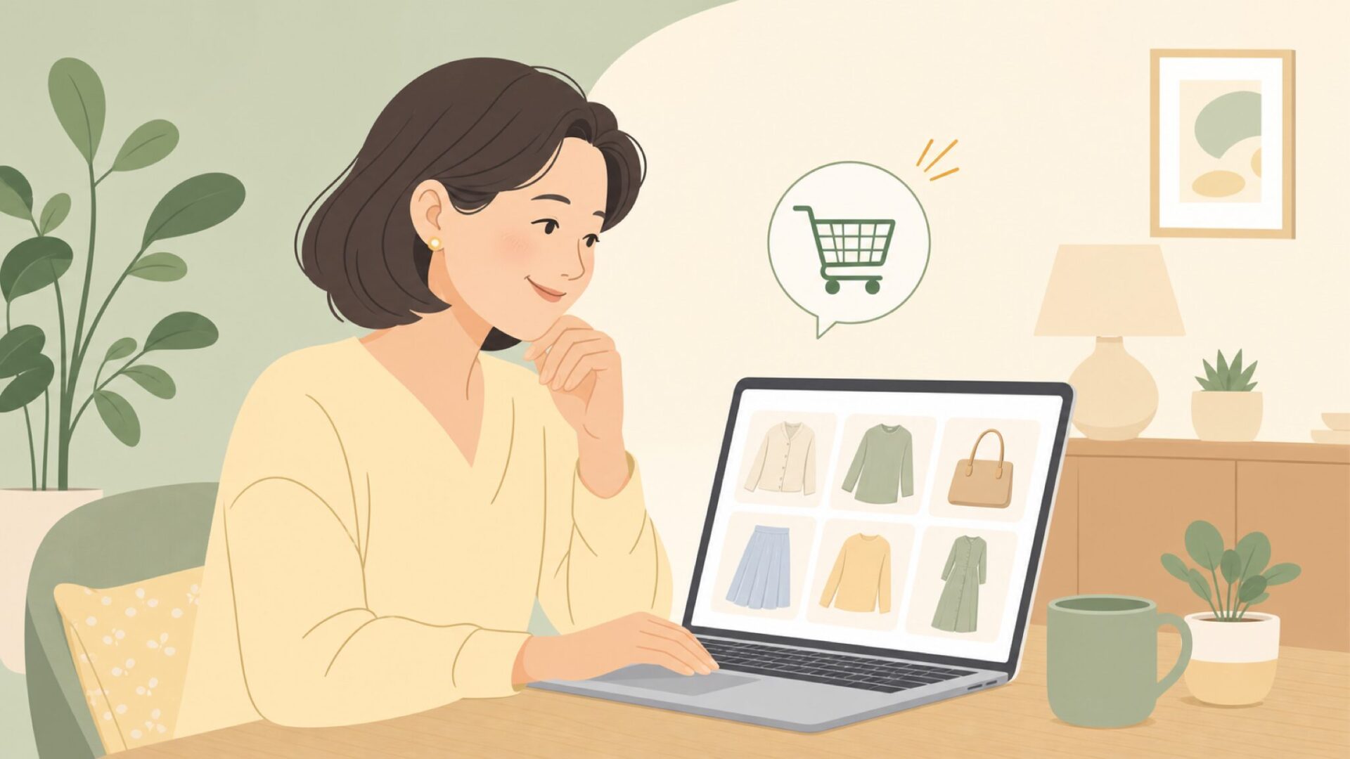 賢くオンラインショッピングを楽しむ女性のフラットイラスト