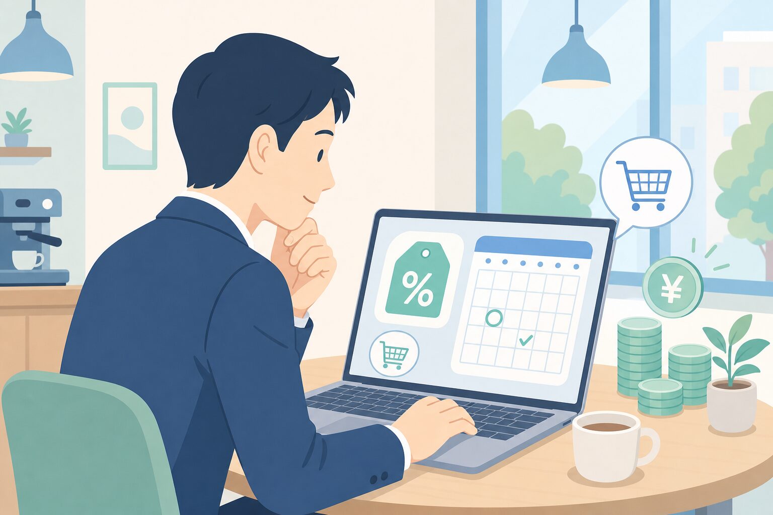 セールタグとカレンダーを見ながらオンラインショッピングする男性のイラスト