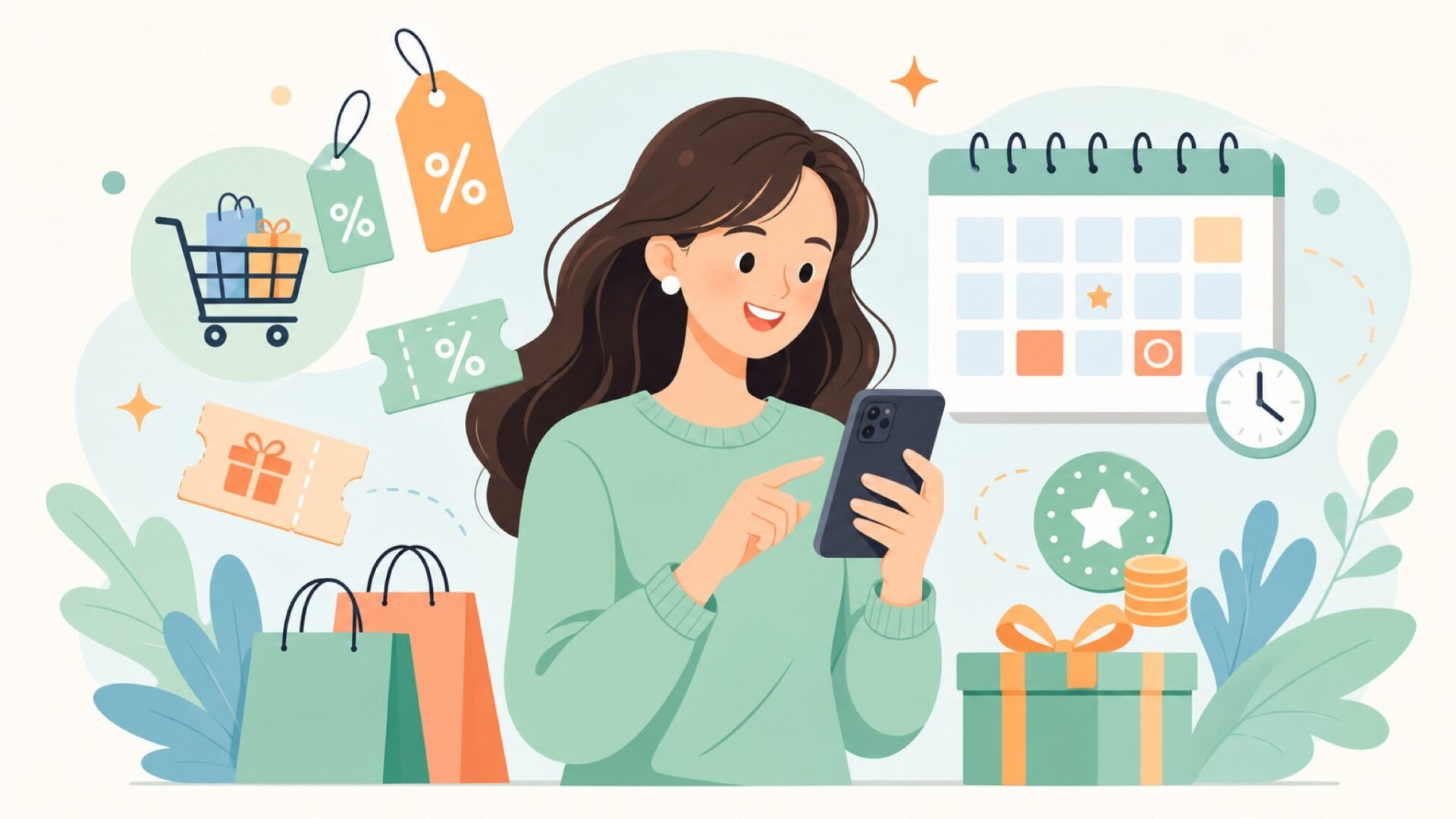 セールタグとクーポンを持つ女性のお得なショッピングイラスト