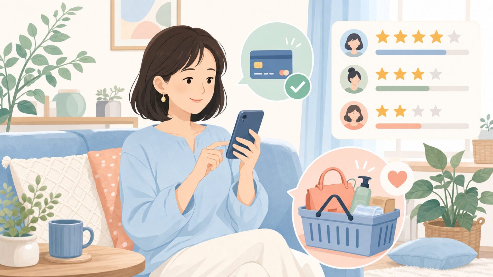 スマートフォンでショッピングアプリを操作する女性のイラスト