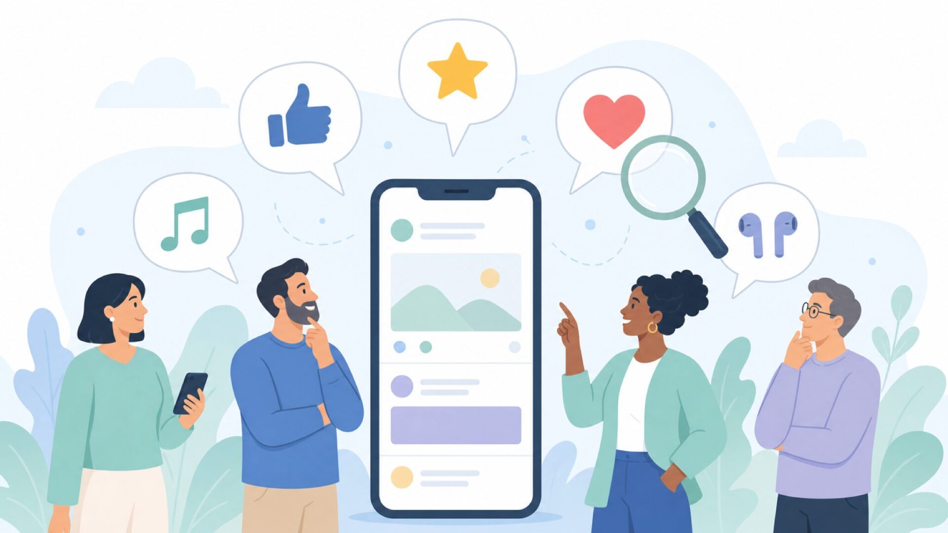スマホとSNSの吹き出しで評判を確認するイラスト