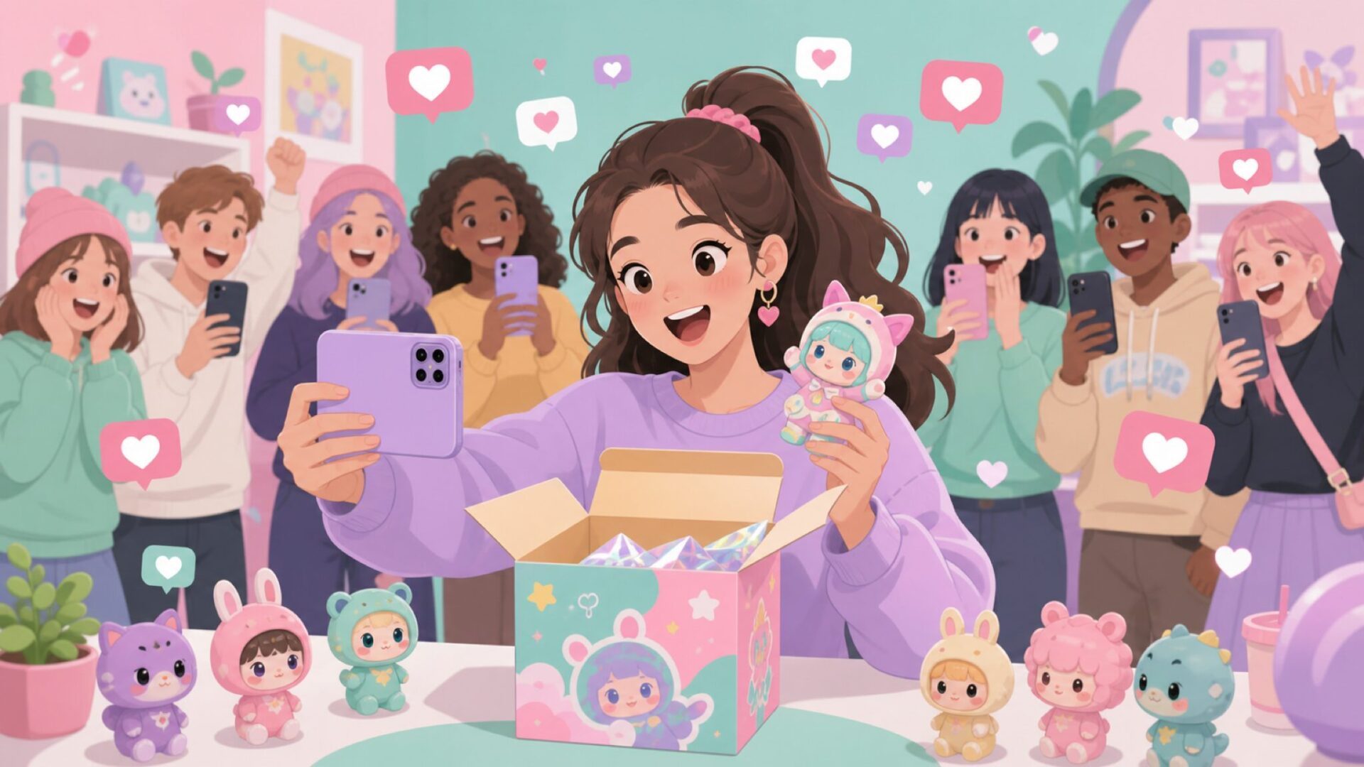 SNSで開封動画を撮影する女性とハートアイコンのイラスト