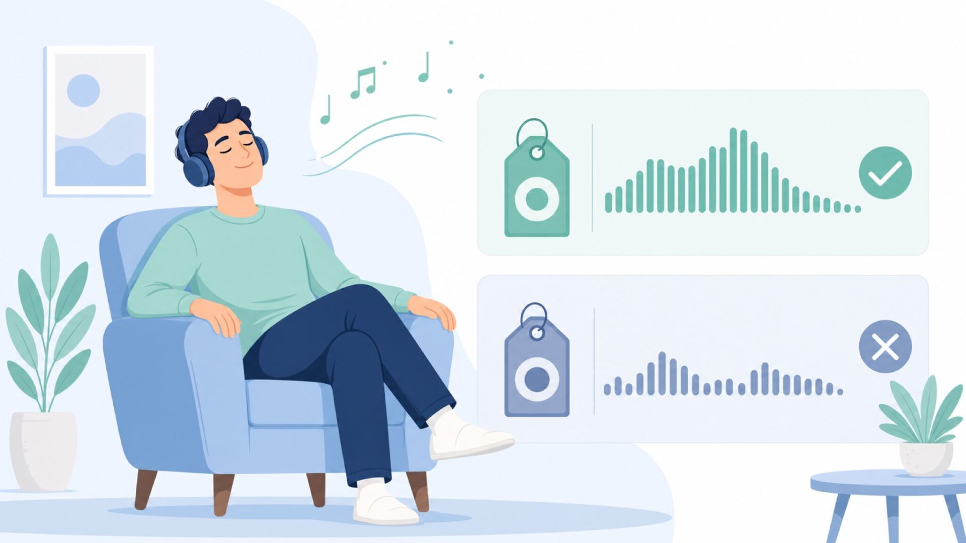 ヘッドホンで音楽を楽しむ男性とコスパ比較グラフのイラスト