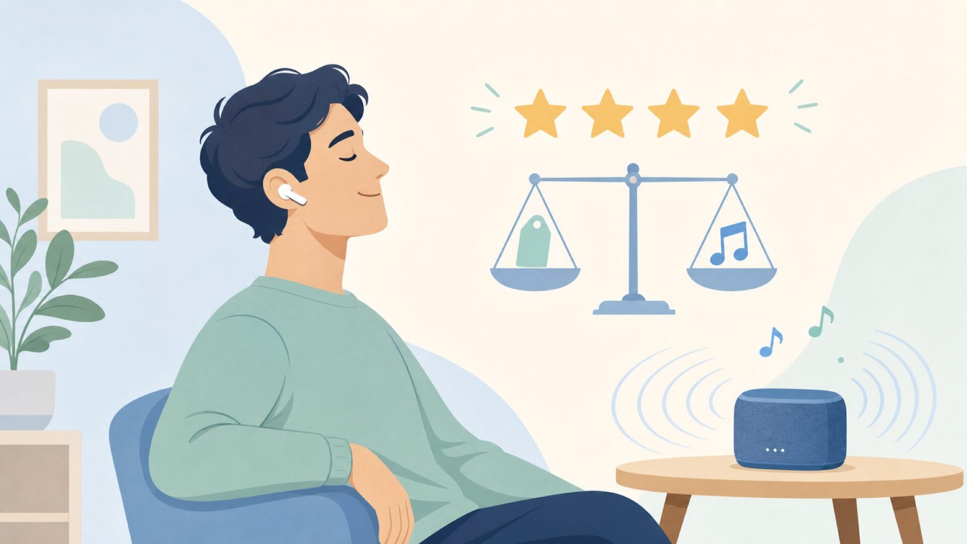 スピーカーの音を満足げに聴く人物と星評価で示すコスパのイメージ