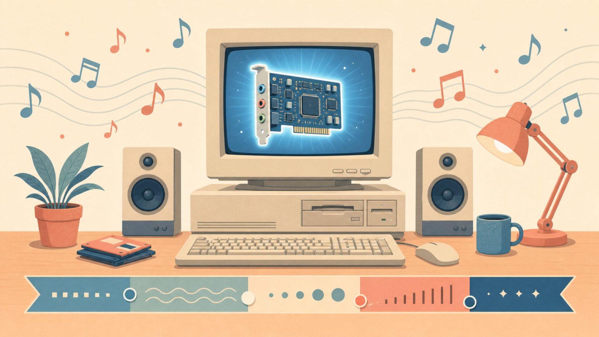 1990年代のレトロなPCからサウンドが流れるイラスト