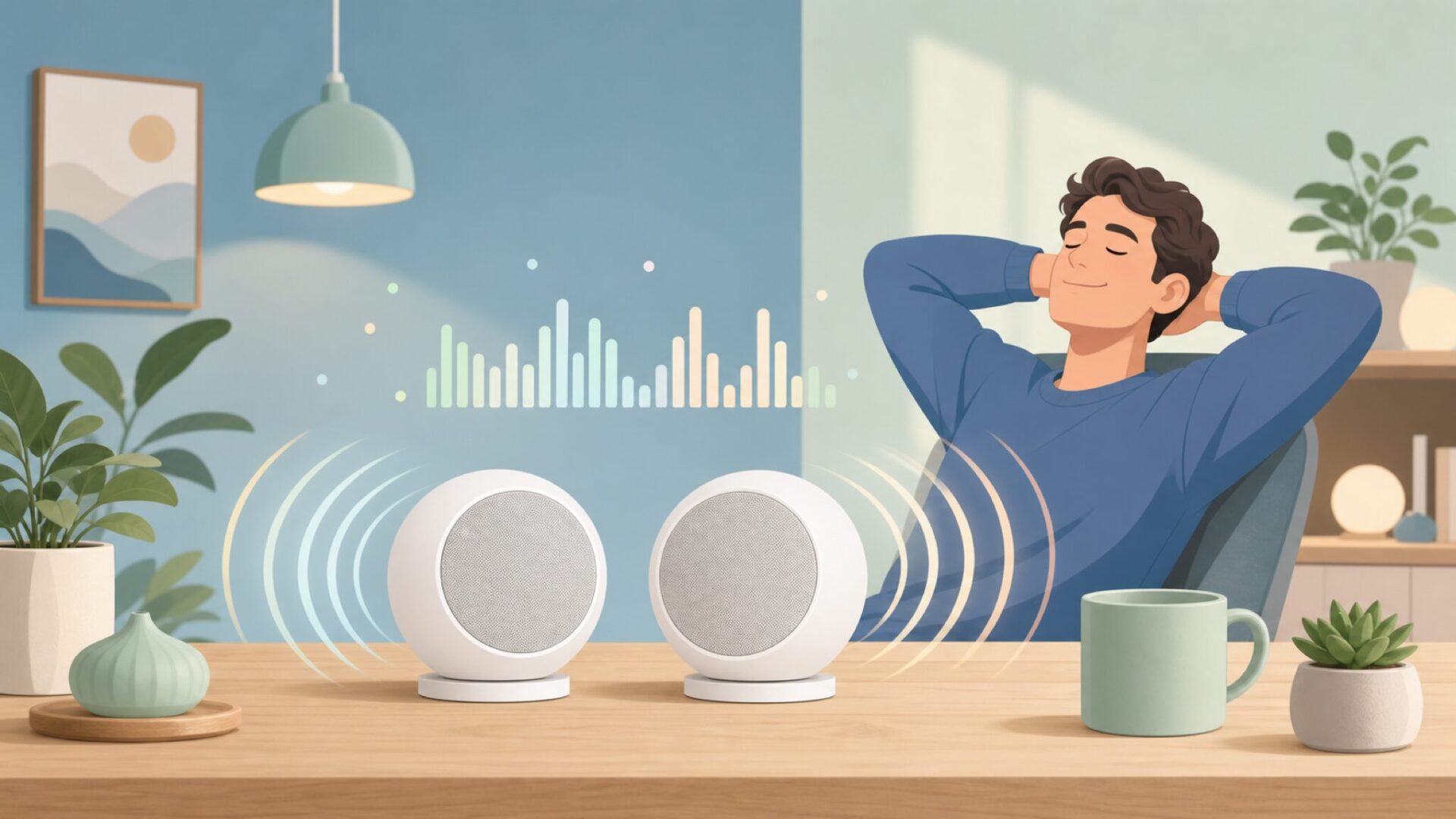 コンパクトスピーカーから音波が広がり、男性がリラックスして聴くイラスト