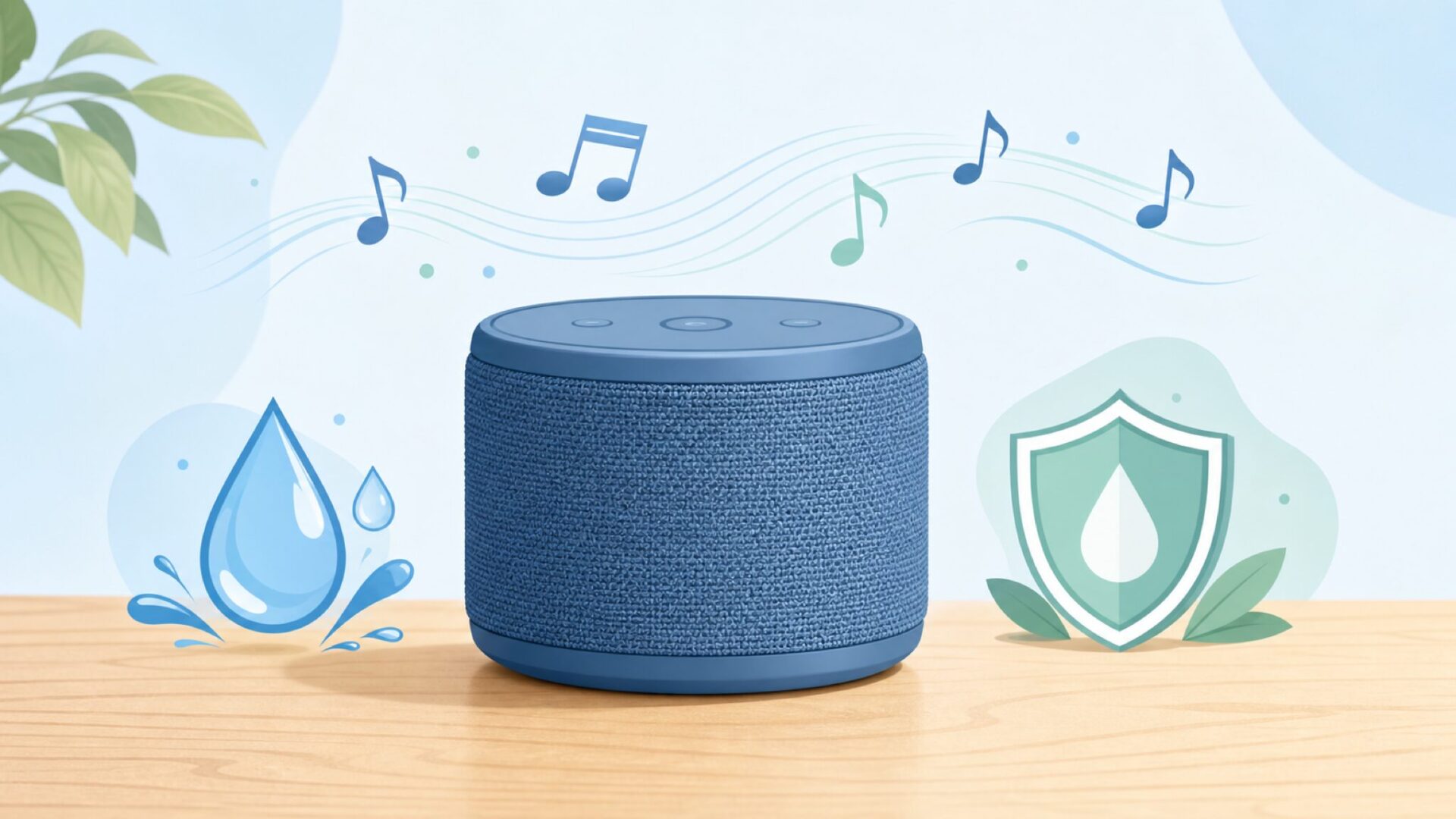 音符と防水アイコンが浮かぶBluetoothスピーカーの品質イラスト