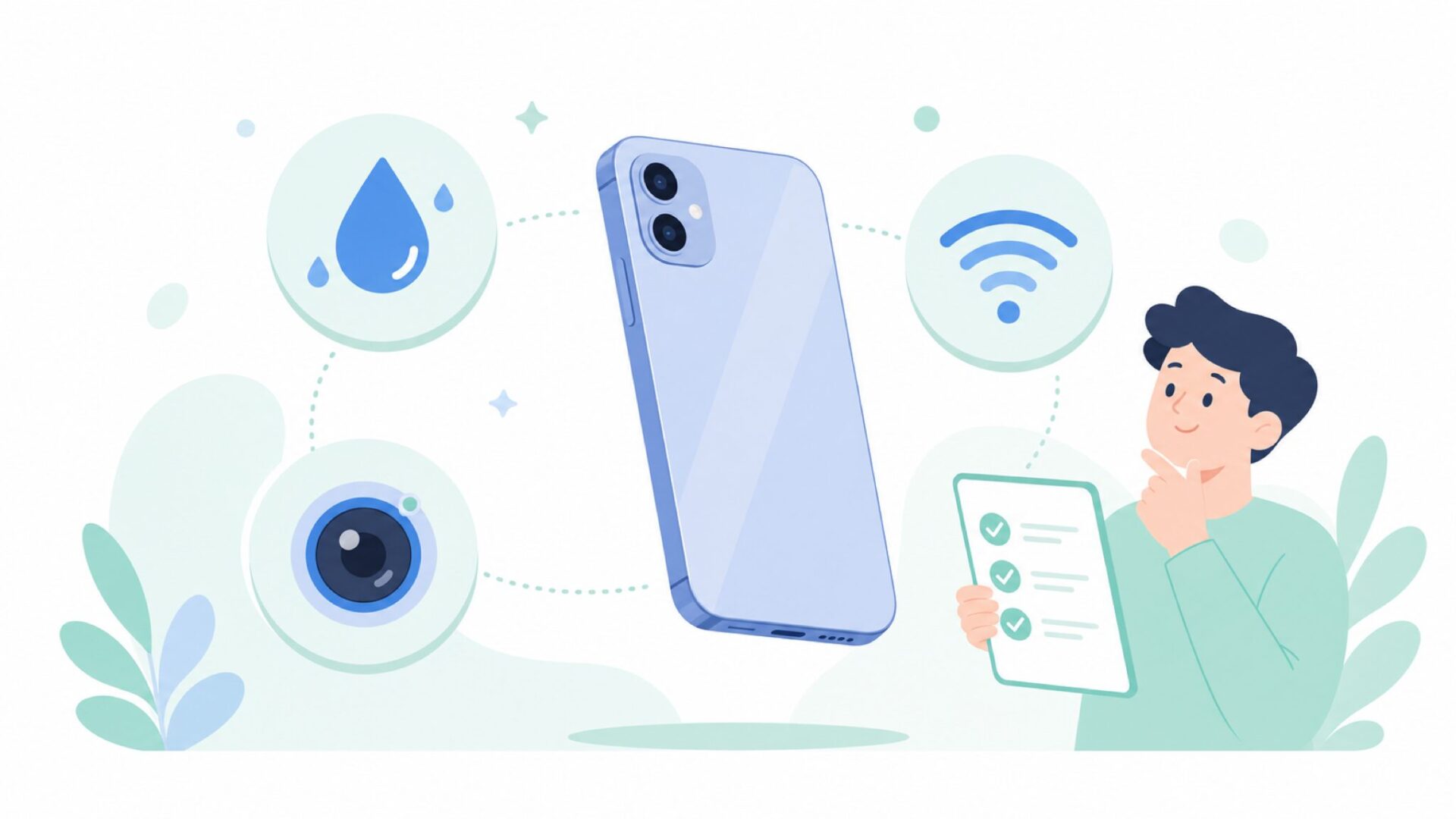 防水・カメラ・通信機能のアイコンに囲まれたスマホのイラスト
