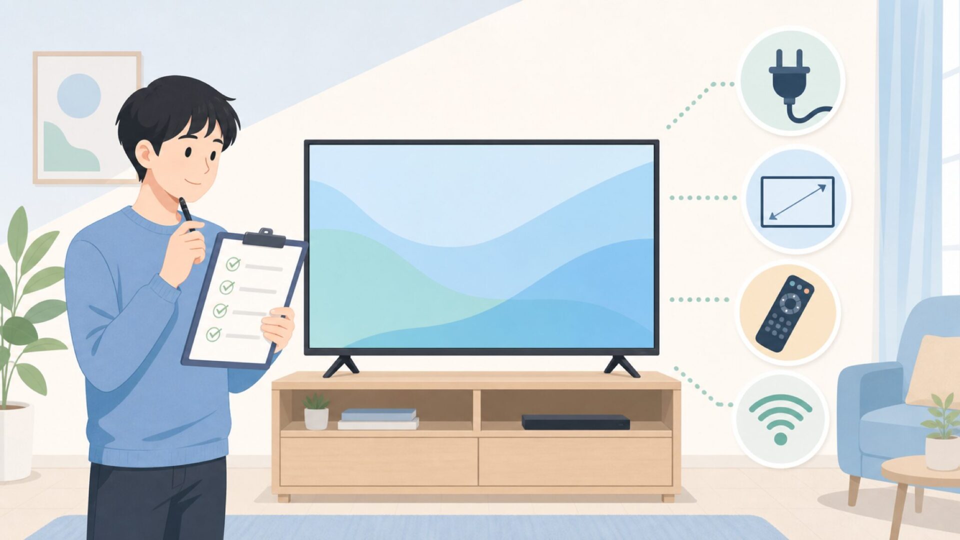 チェックリストを持ちながらテレビの仕様を確認する人物のイラスト