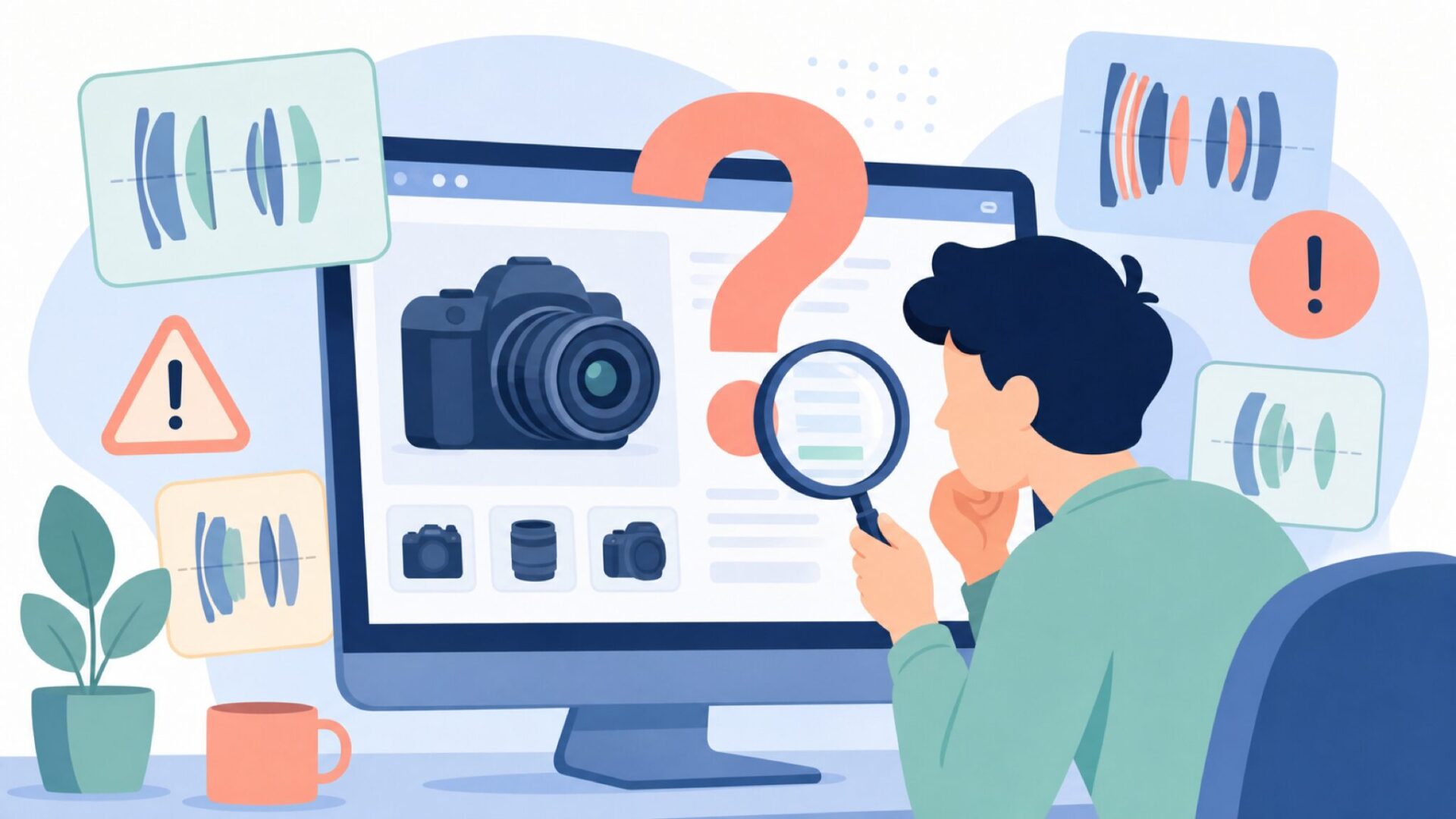 虫眼鏡でカメラのスペック表を調べる人物のイラスト