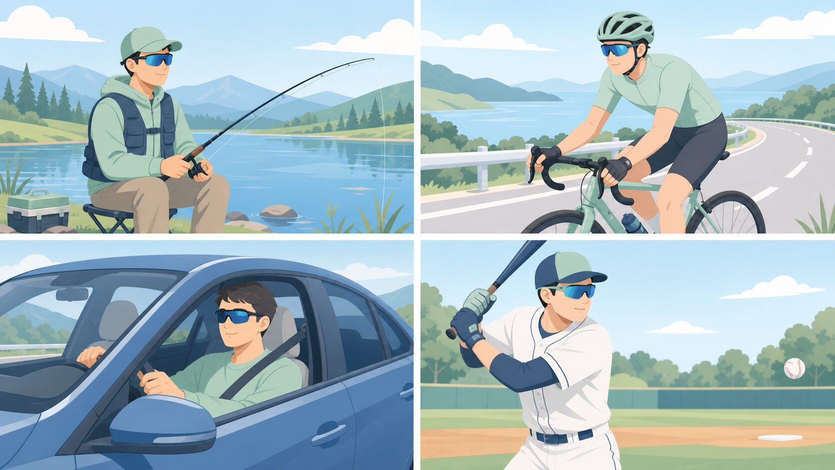 釣り・サイクリング・運転・野球の4シーンでサングラスを着けた人物のイラスト